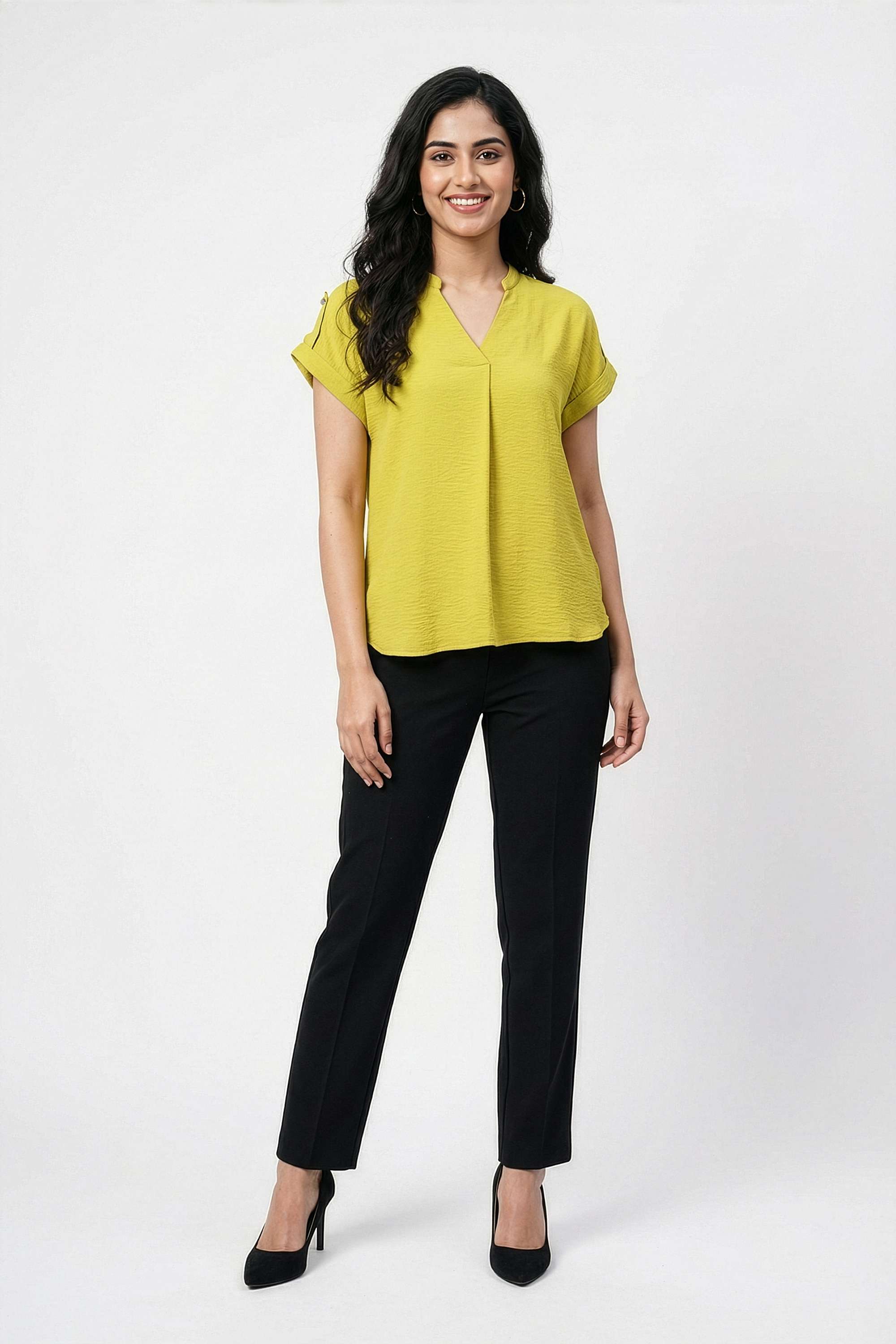 Solid-Blended-Fabric-V-Neck-Women-Top