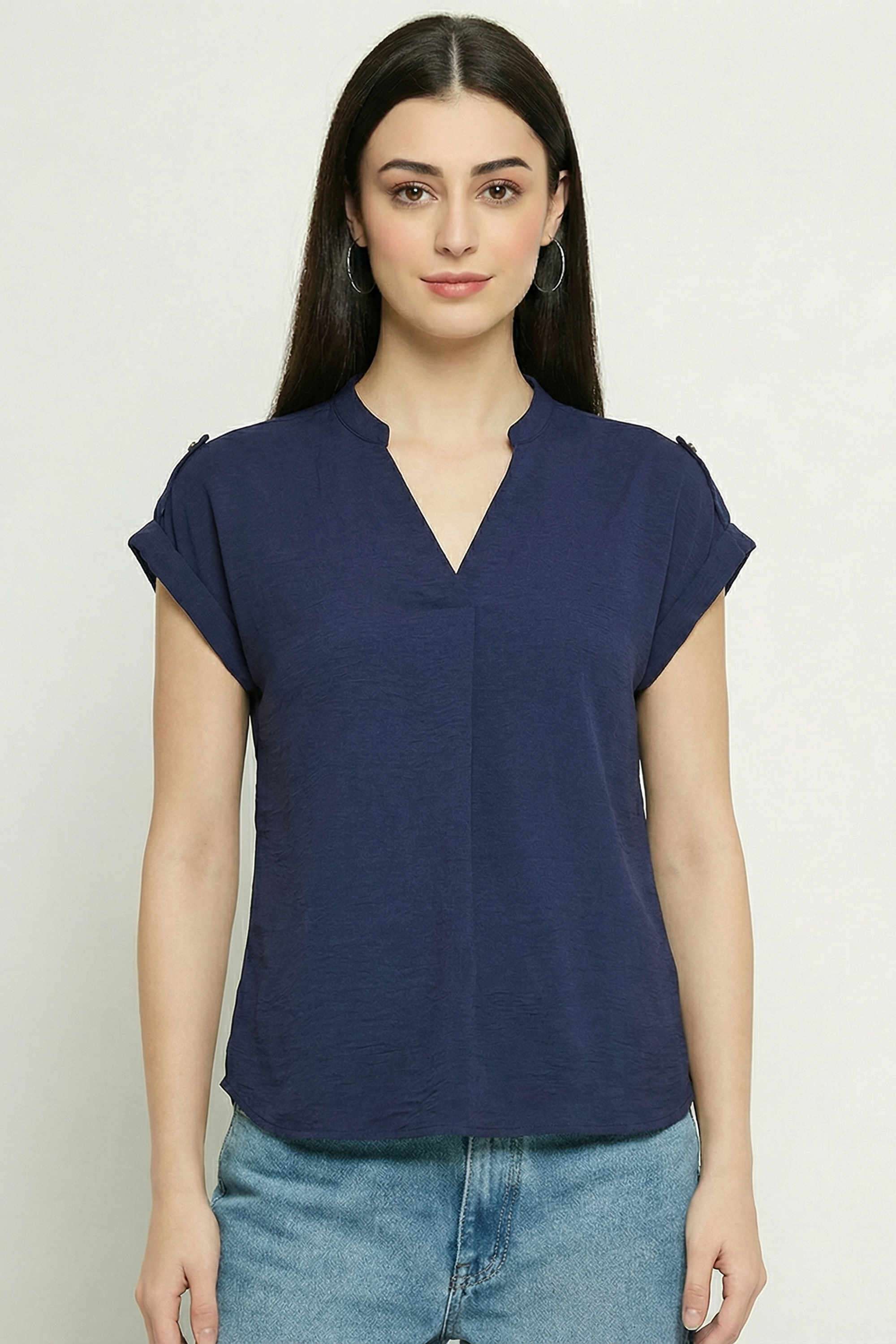 Solid-Blended-Fabric-V-Neck-Women-s-Top
