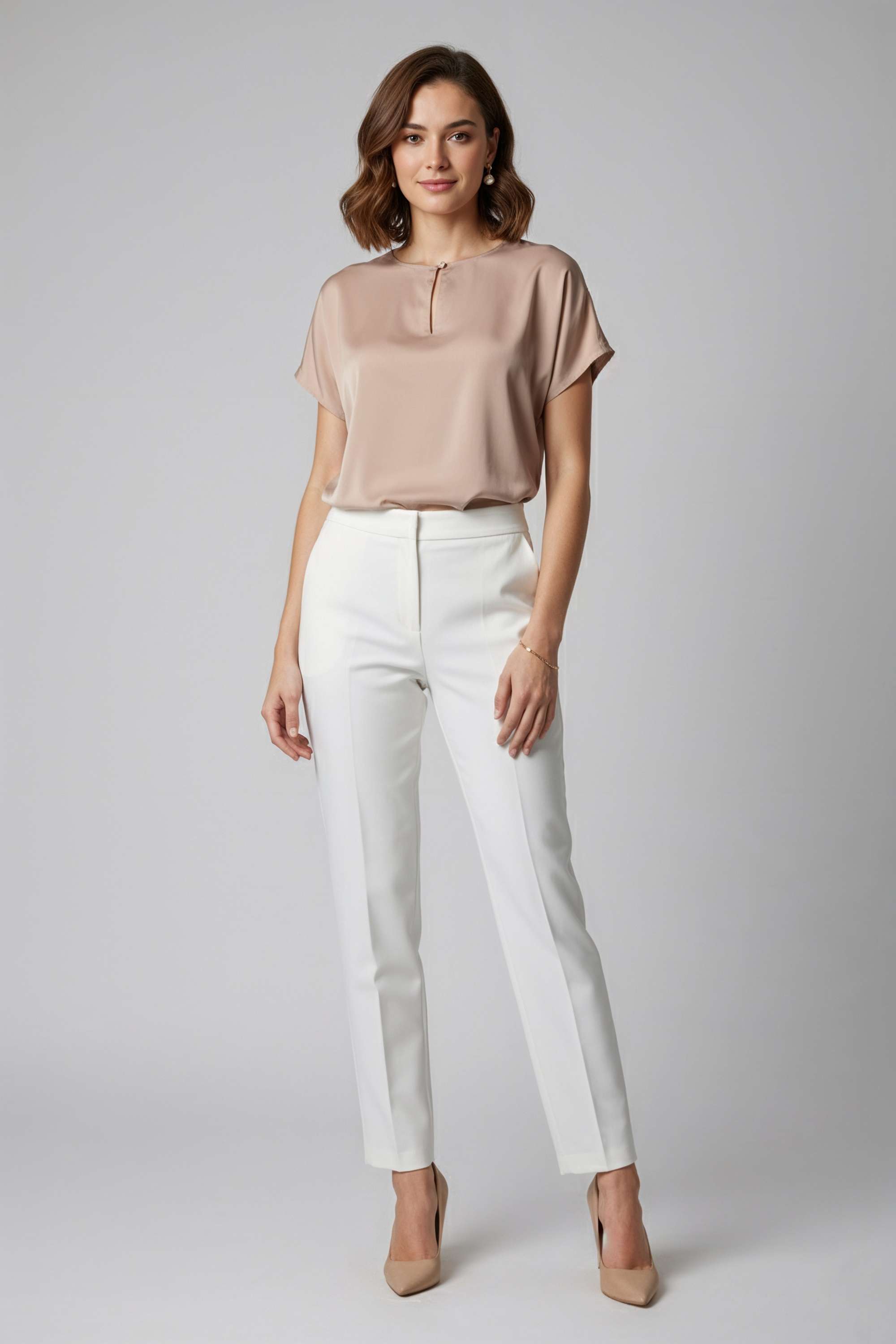 Solid-Blended-Fabric-Plunging-Neck-Women-Top