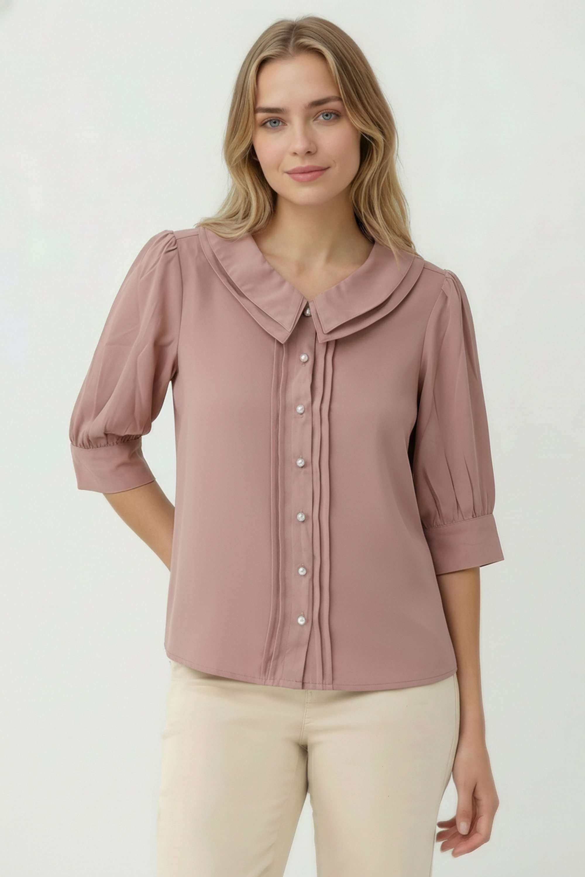 Solid-Blended-Fabric-Collared-Women-Top