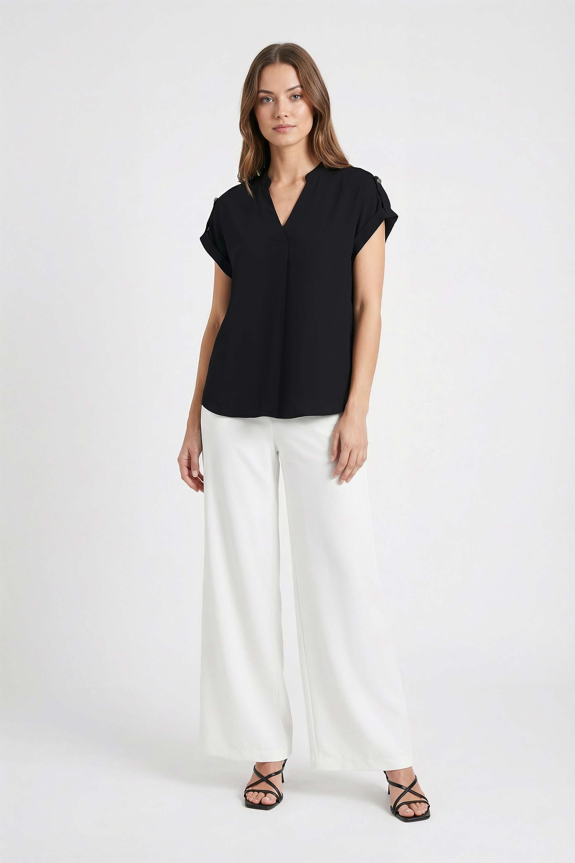 Solid-Blended-Fabric-V-Neck-Women-Top