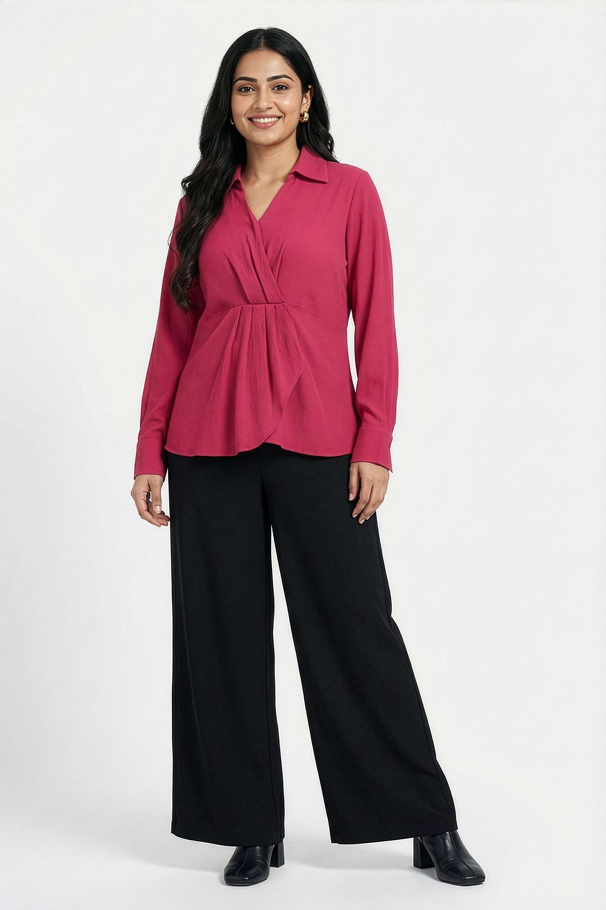 Solid-Blended-Fabric-Plunging-Neck-Women-s-Top