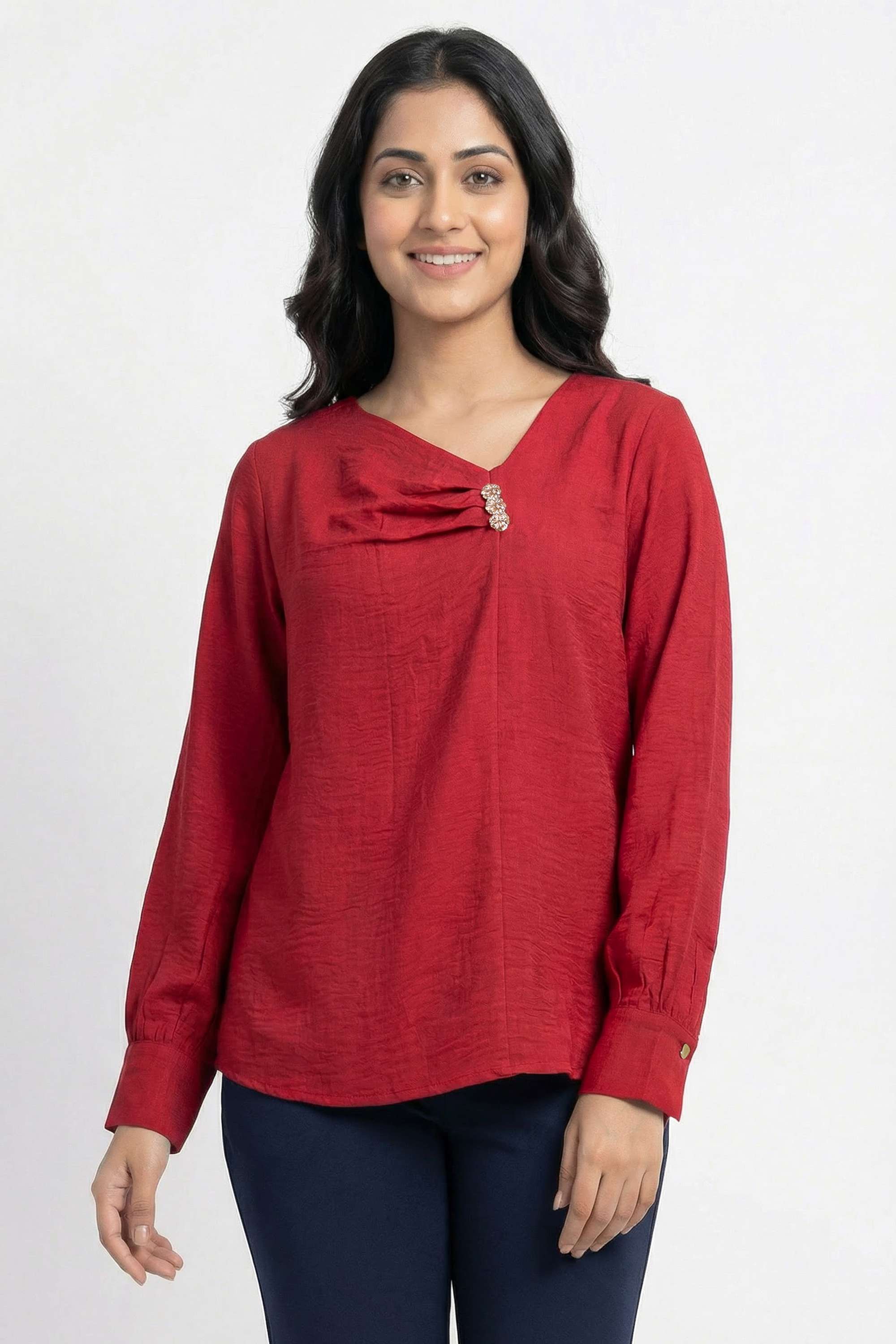 Solid-Blended-Fabric-Y-Neck-Women-s-Top