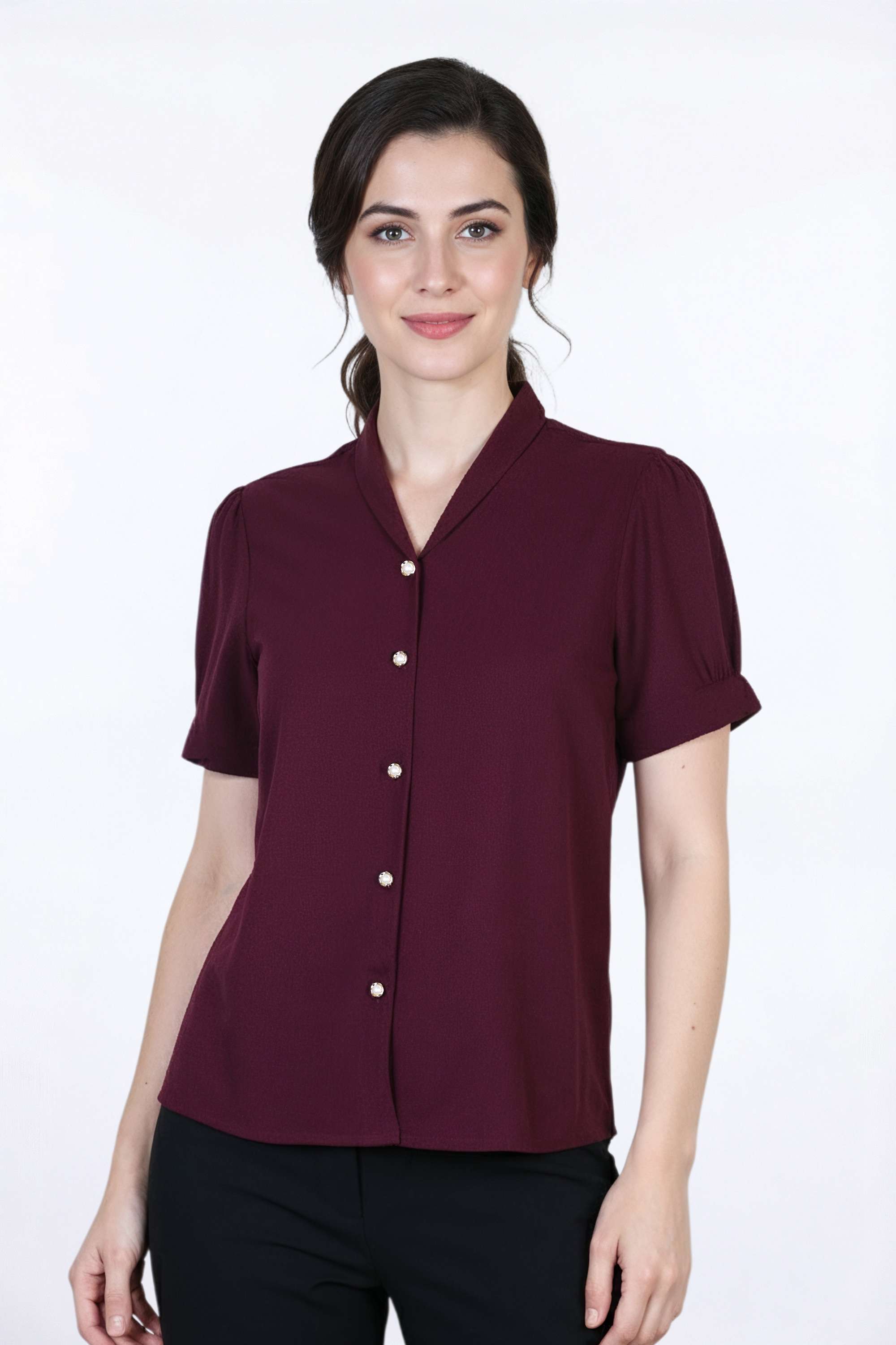Solid-Polyester-Collared-Women-s-Top