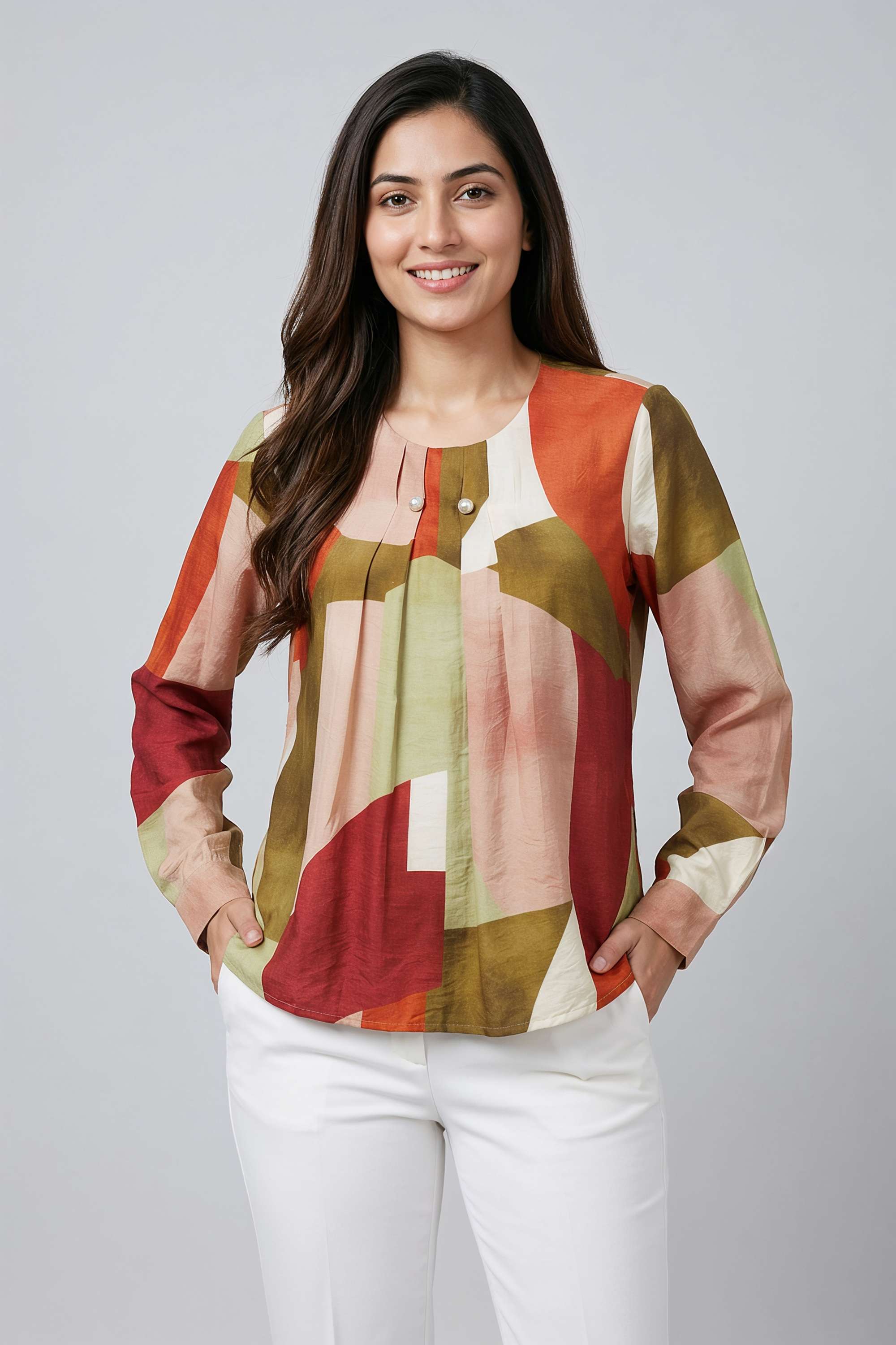 Printed-Blended-Fabric-Round-Neck-Women-s-Top