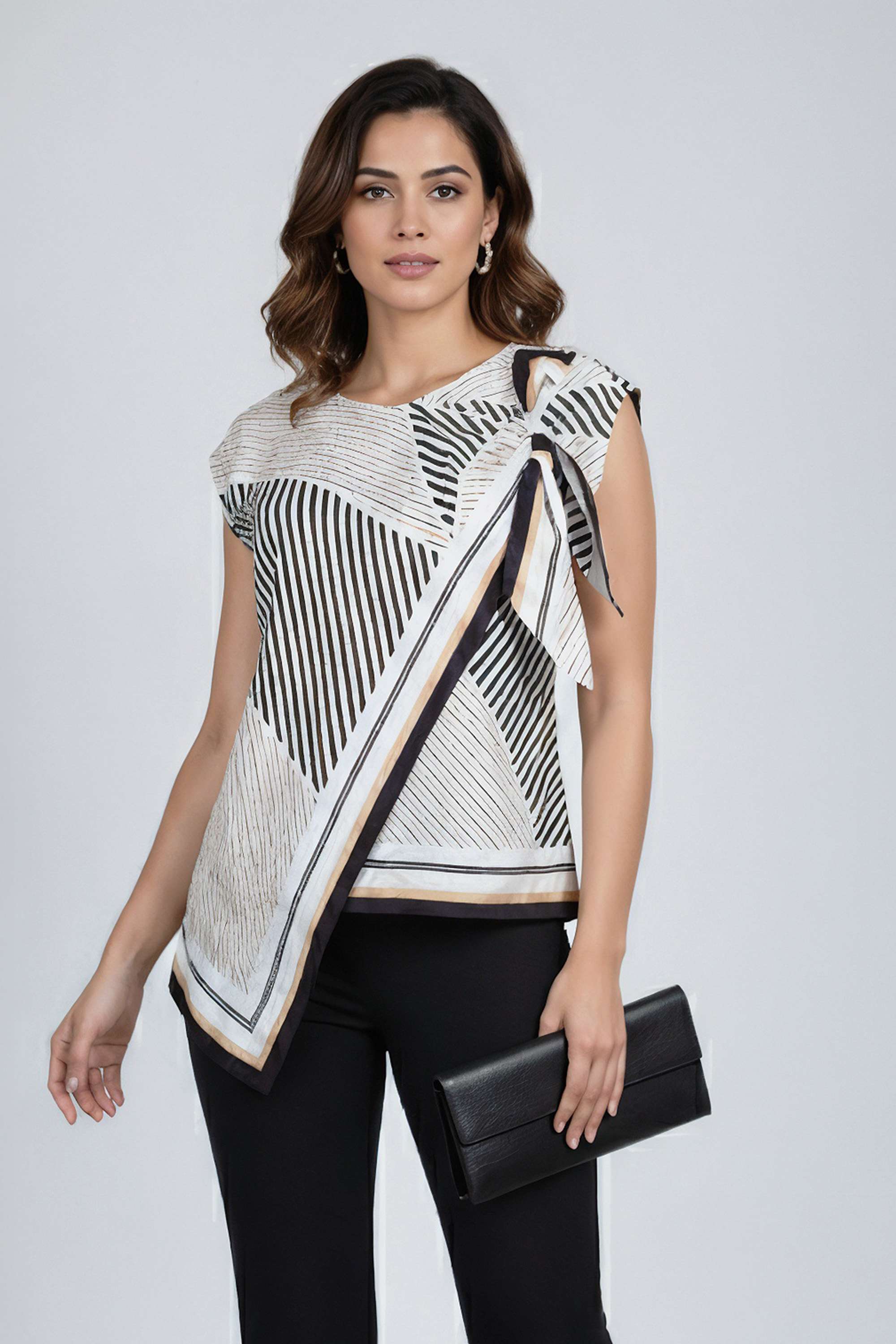 Printed-Blended-Fabric-Tie-Up-Neck-Women-s-Top