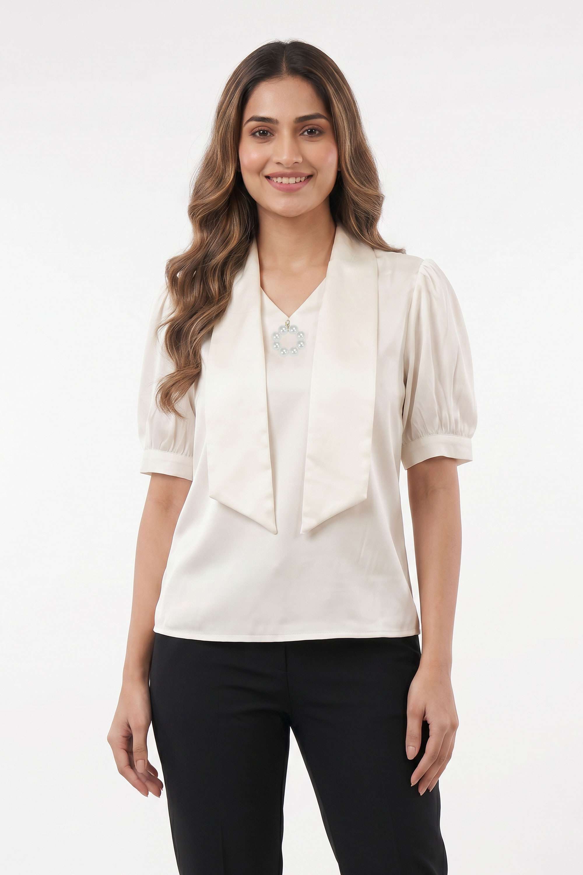 Solid-Polyester-V-Neck-Women-s-Top