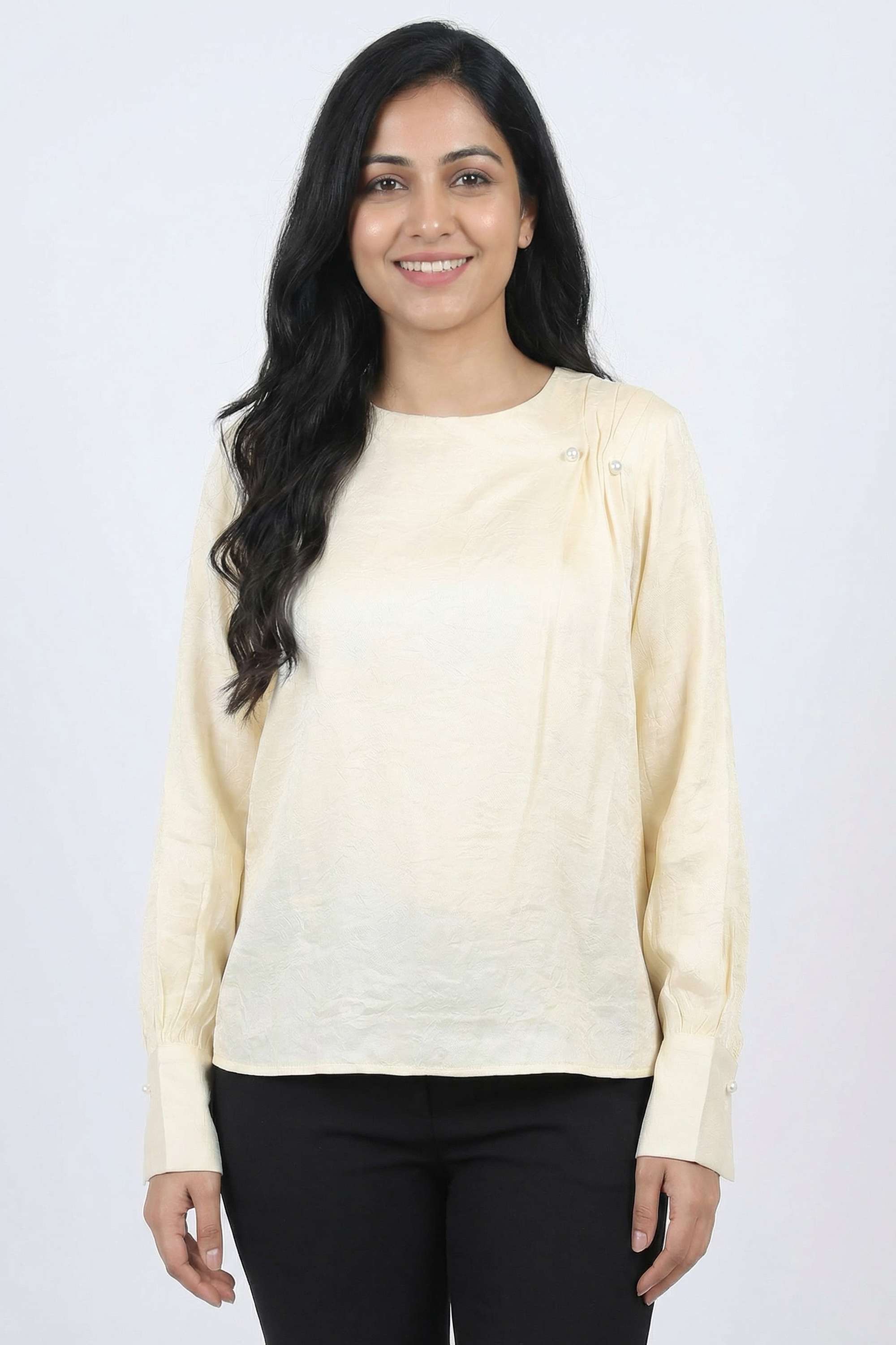 Solid-Blended-Fabric-Round-Neck-Women-s-Top