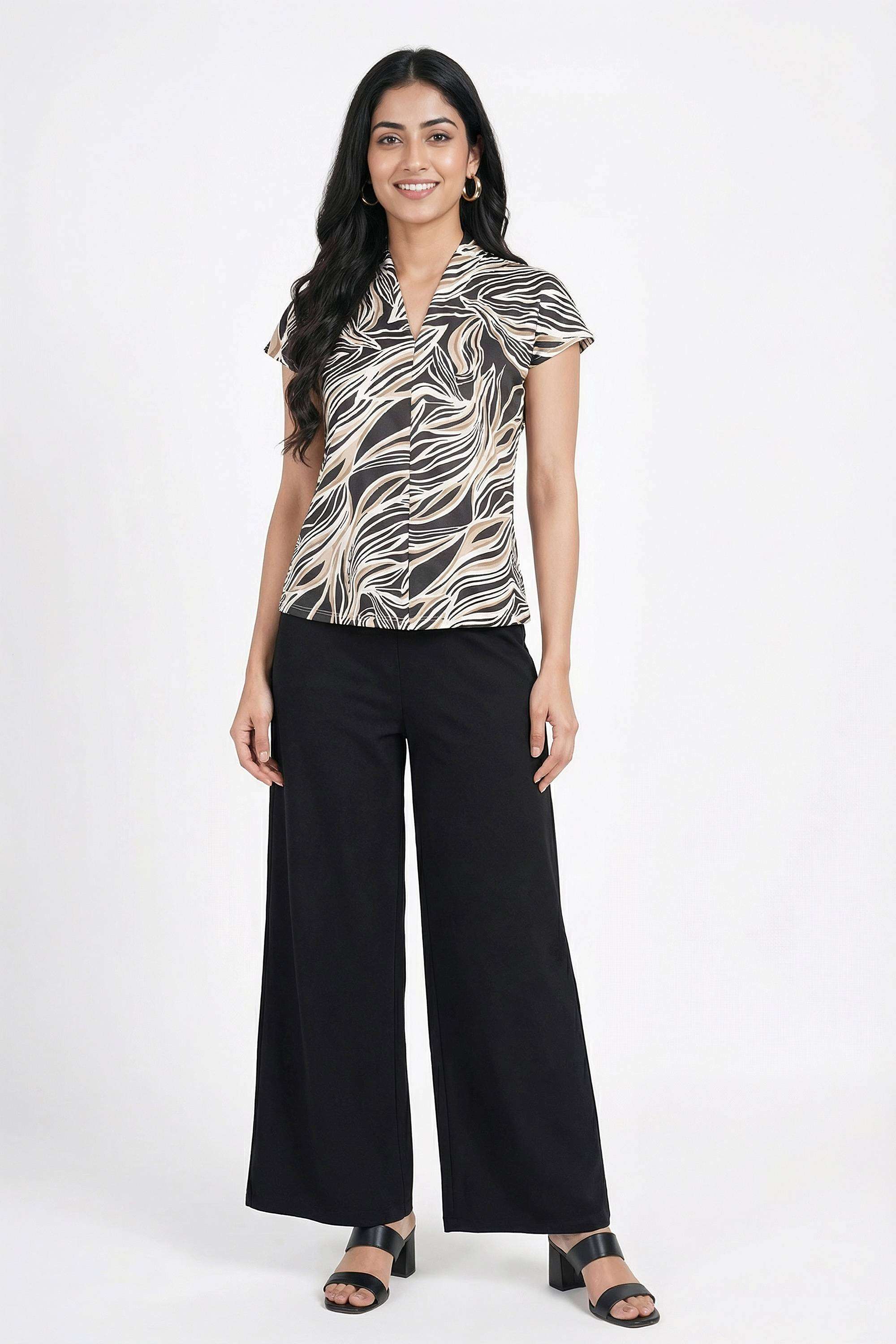 Animal-Print-Blended-Fabric-V-Neck-Women-Top