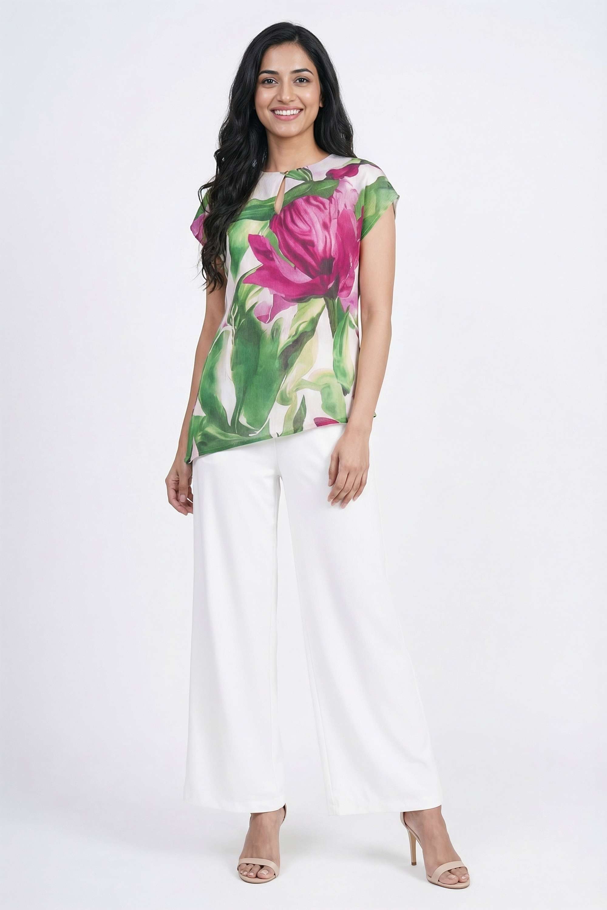 Solid-Blended-Fabric-Round-Neck-Women-Top