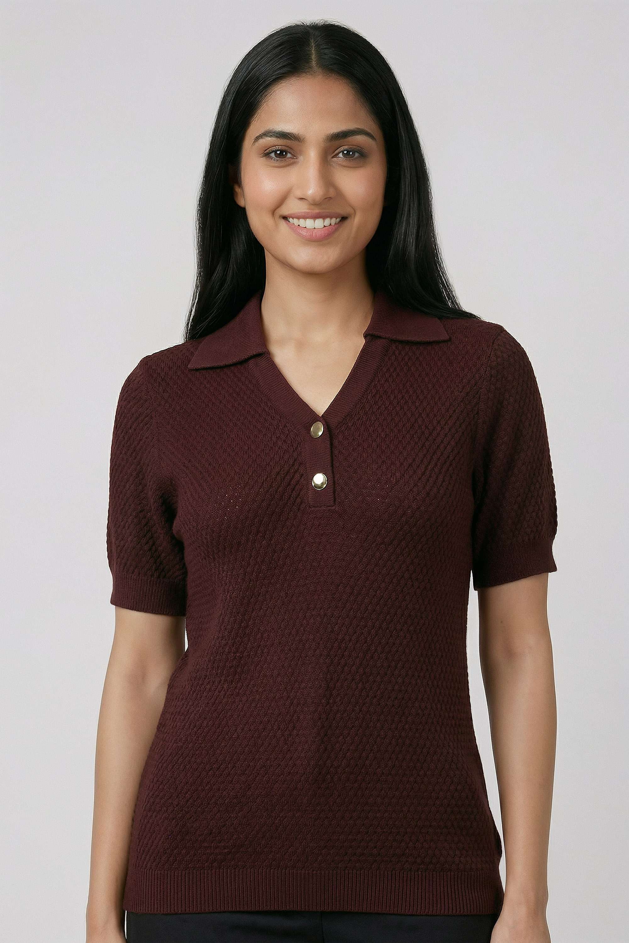 Solid-Polyester-V-Neck-Women-s-Top