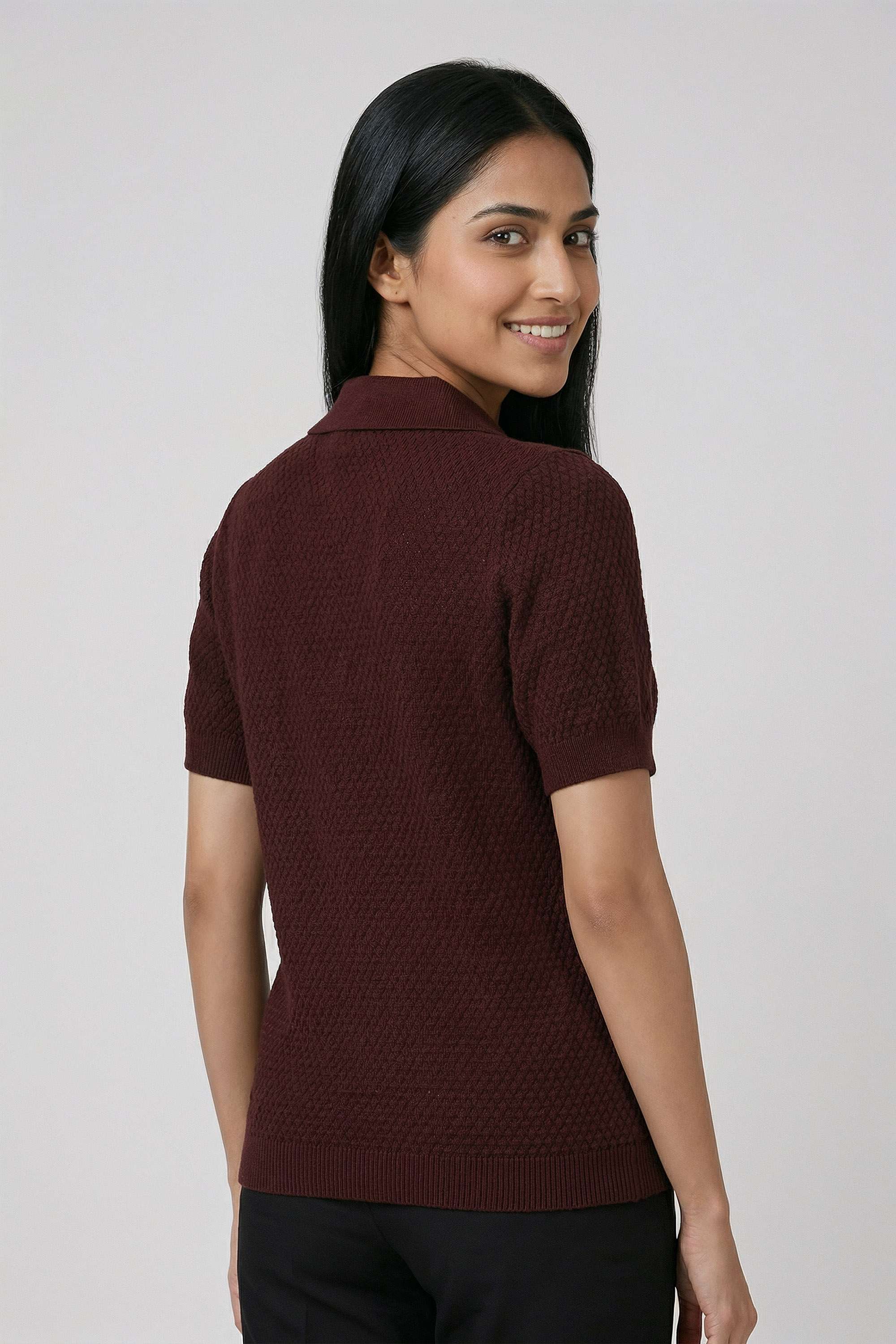 Solid-Polyester-V-Neck-Women-s-Top