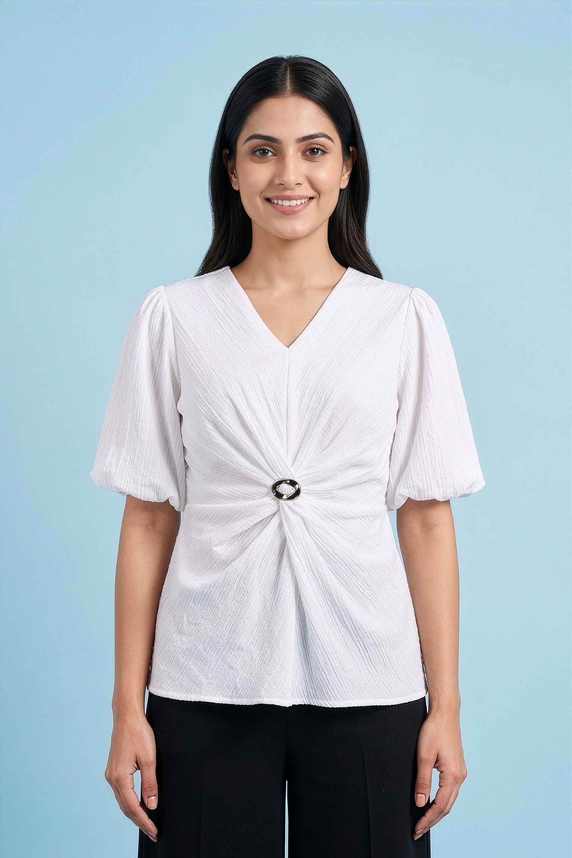 Textured-Polyester-V-Neck-Women-s-Top