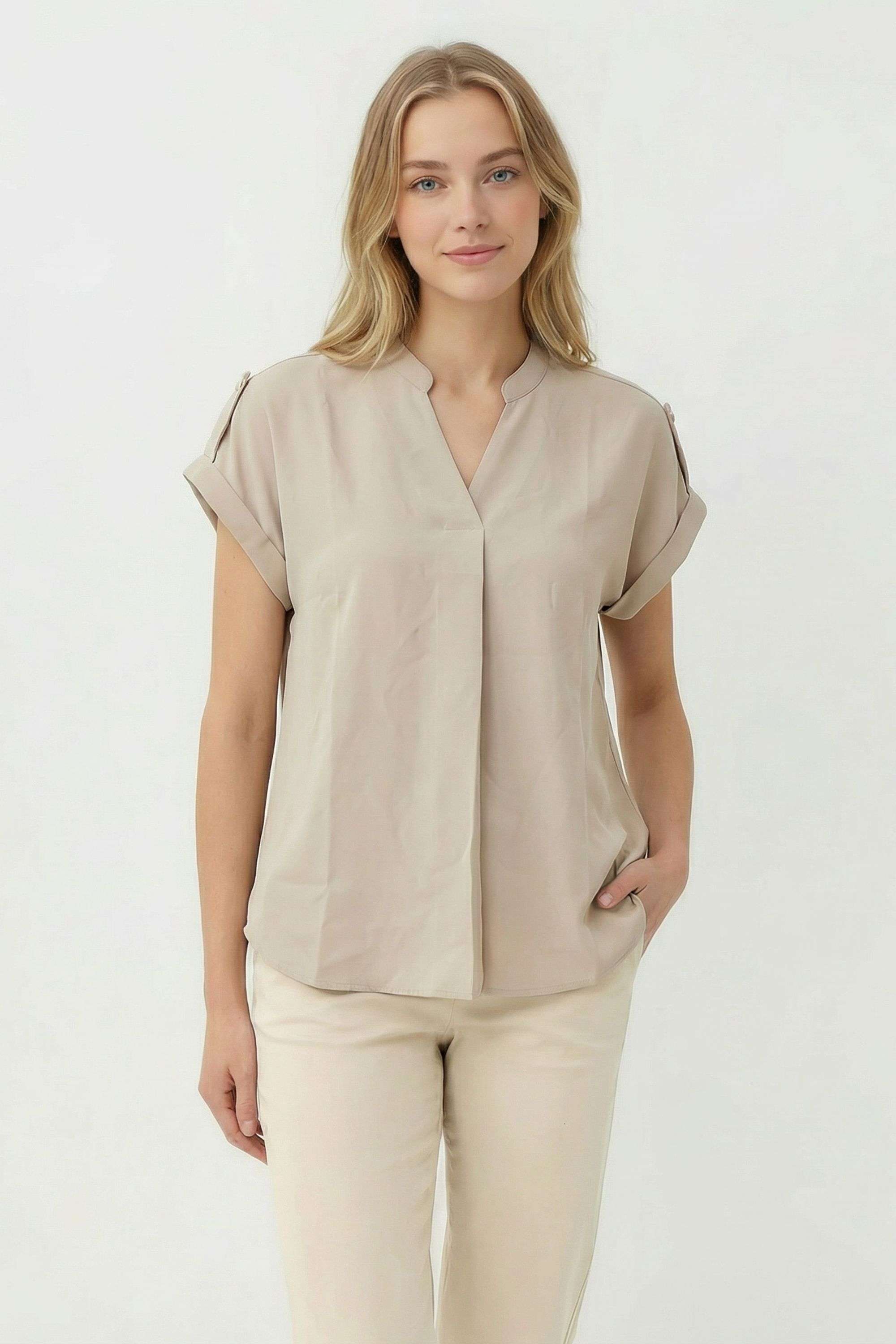 Solid-Polyester-V-Neck-Women-Top