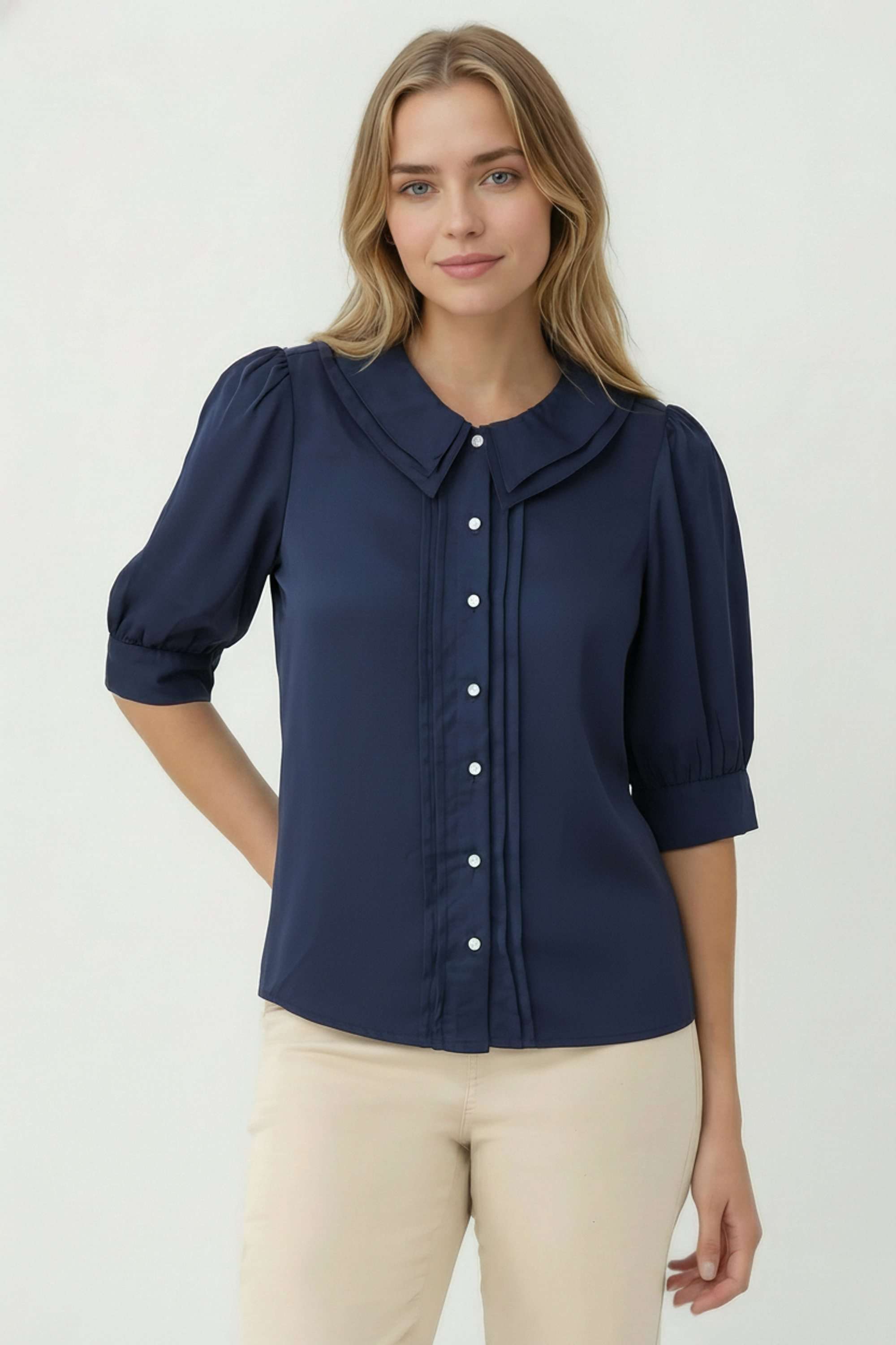 Solid-Blended-Fabric-Collared-Women-Top