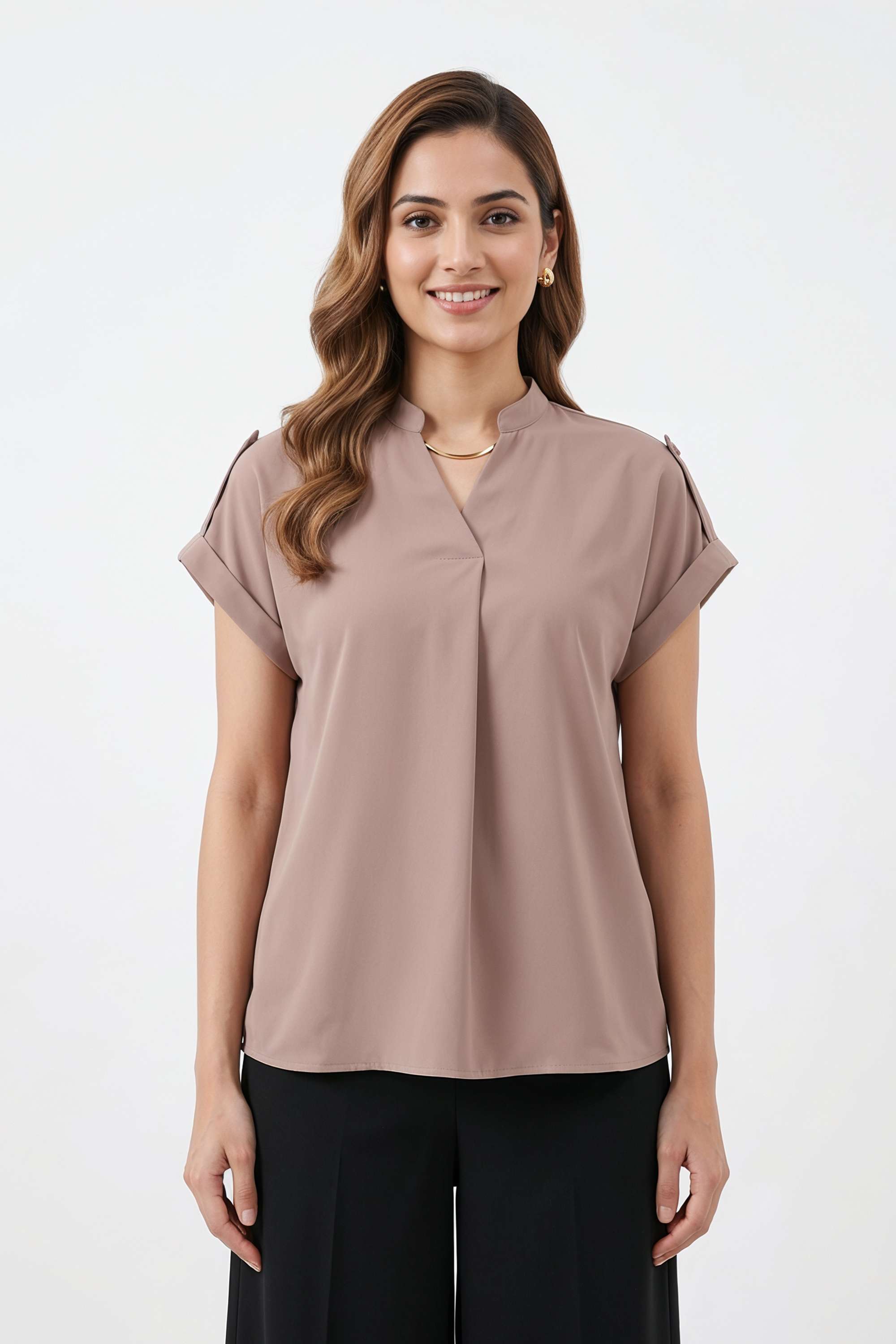 Solid-Polyester-Henley-Women-s-Top