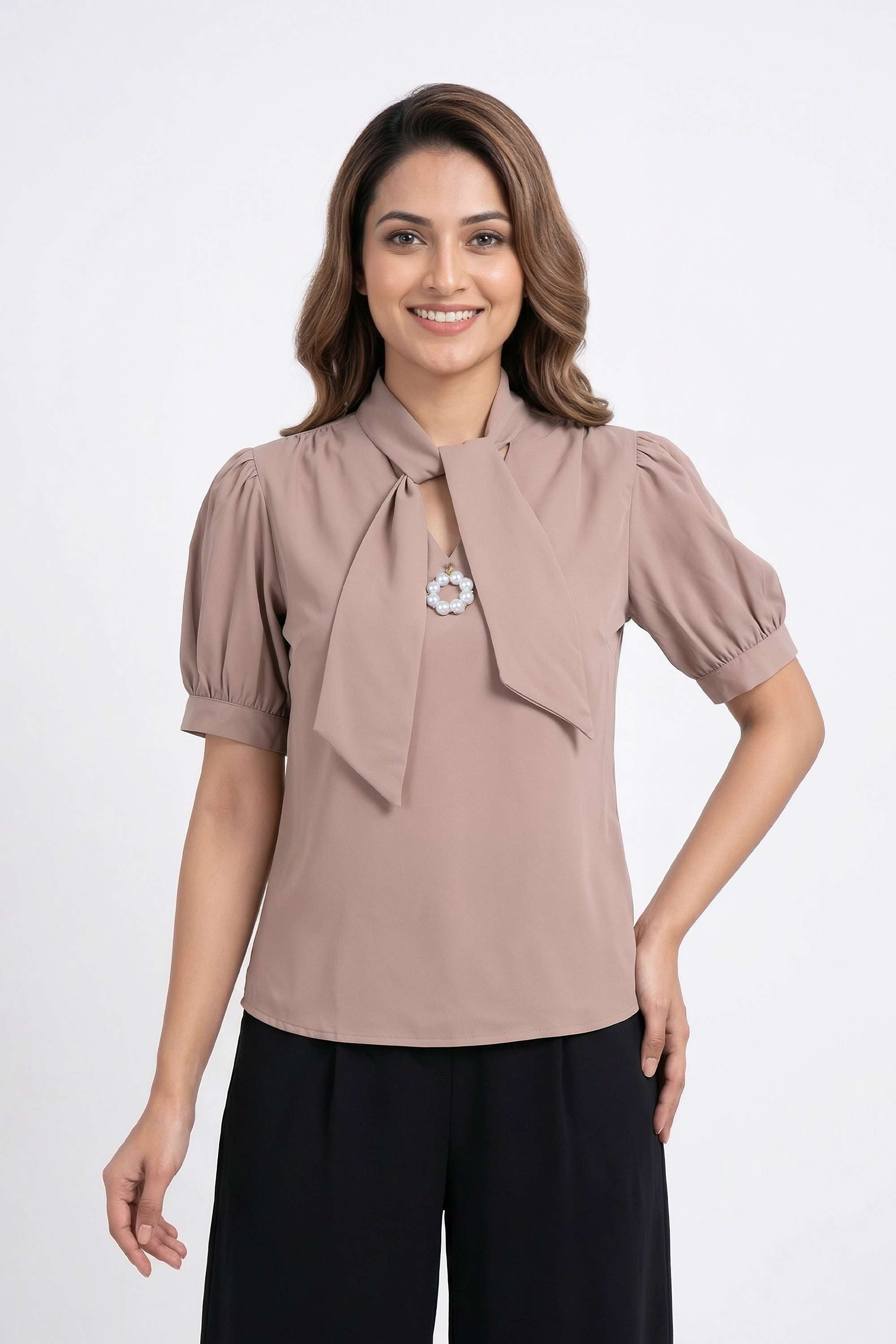 Solid-Polyester-Tie-Up-Neck-Women-s-Top