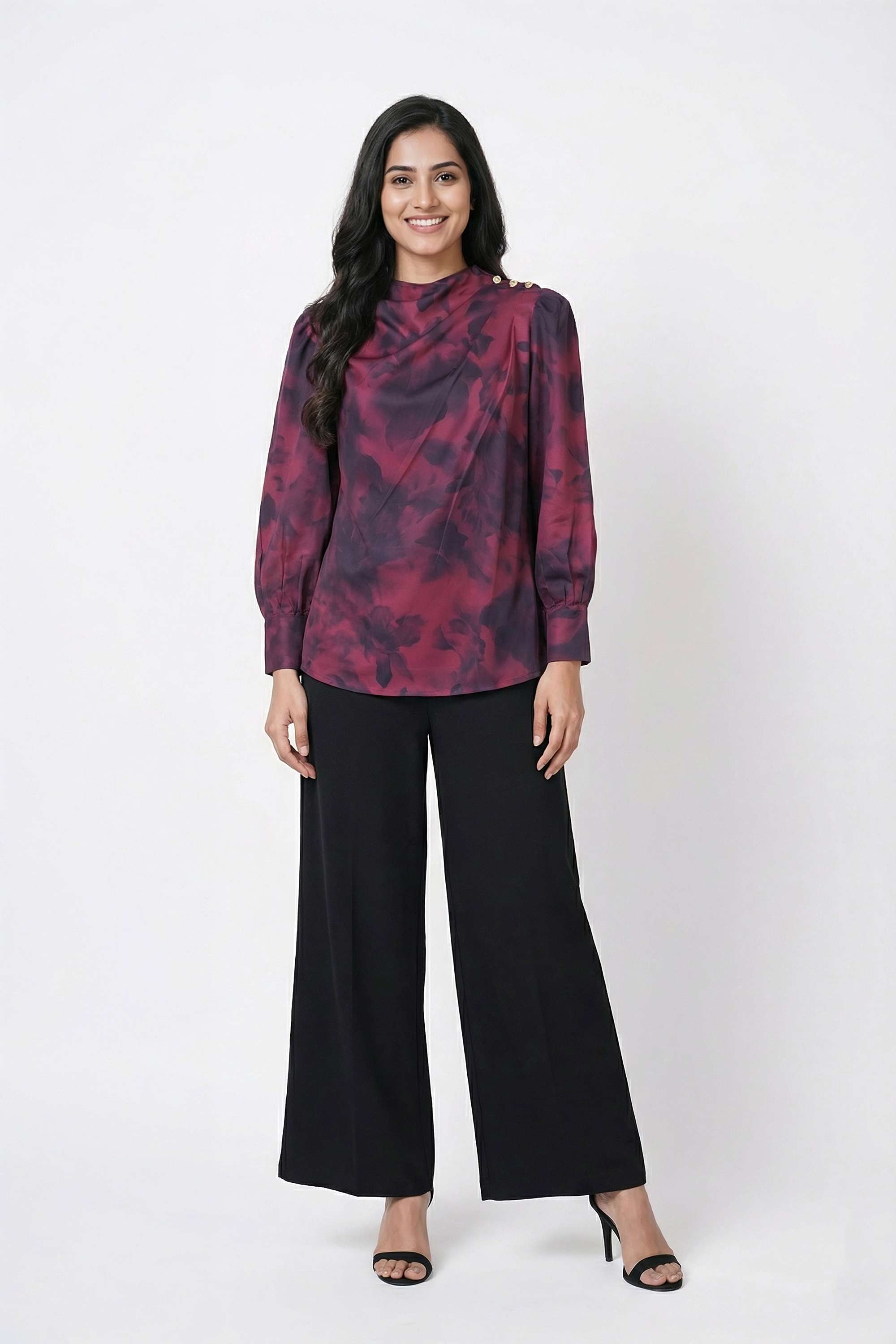 Solid-Blended-Fabric-High-Neck-Women-Top