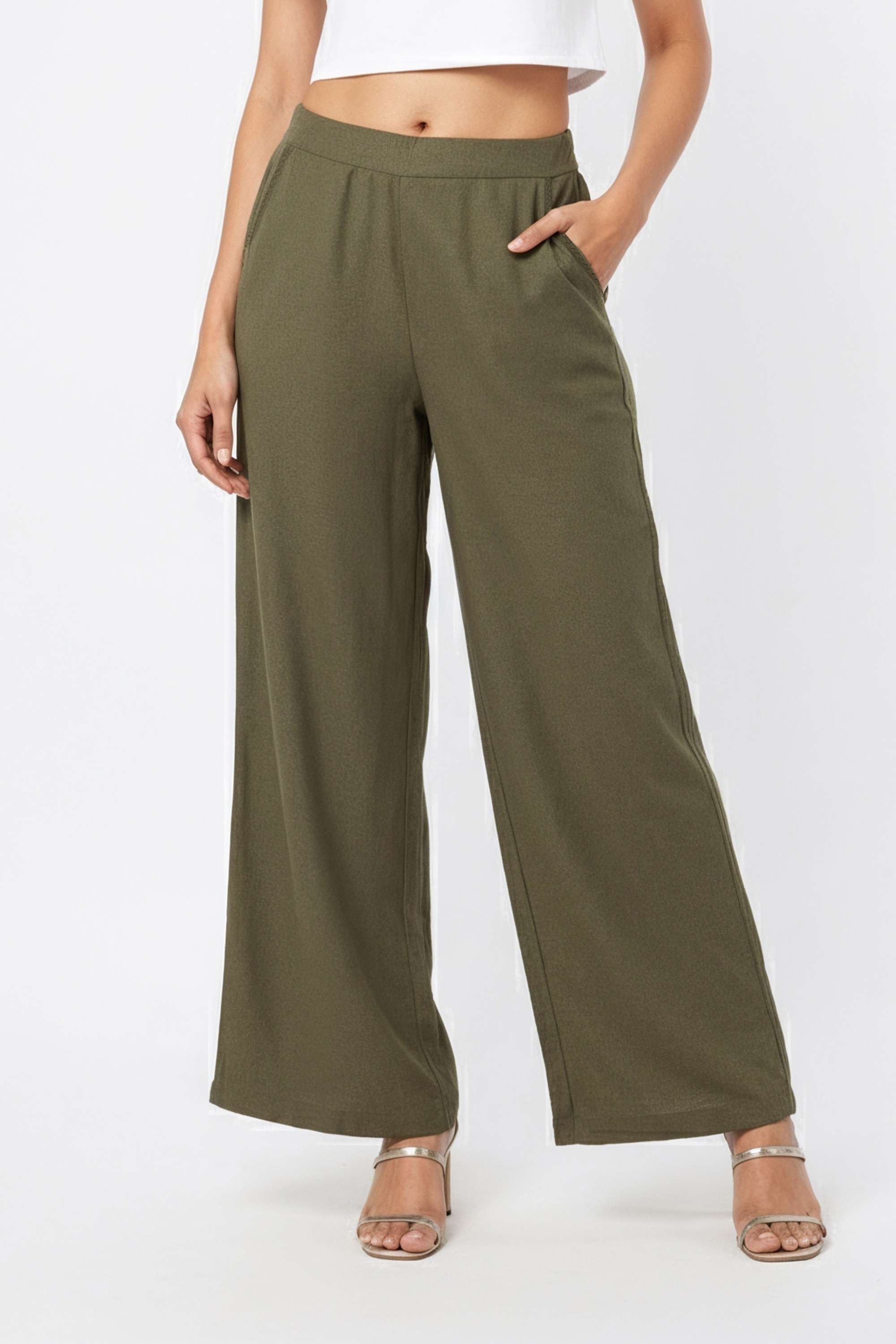 Solid-Straight-Fit-Blended-Fabric-Women-s-Casual-Wear-Pants