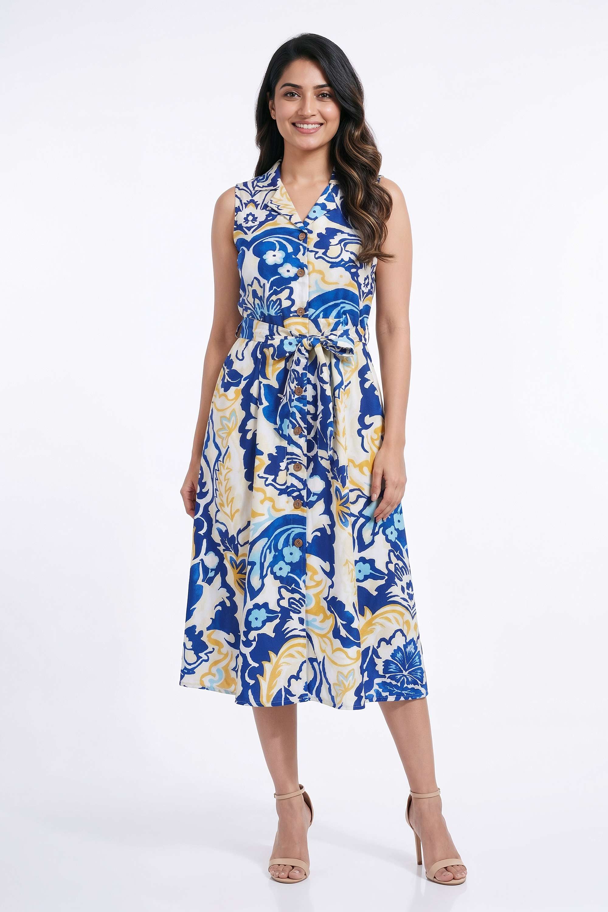 Printed-Blended-Fabric-Collared-Women-s-Casual-Wear-Dress