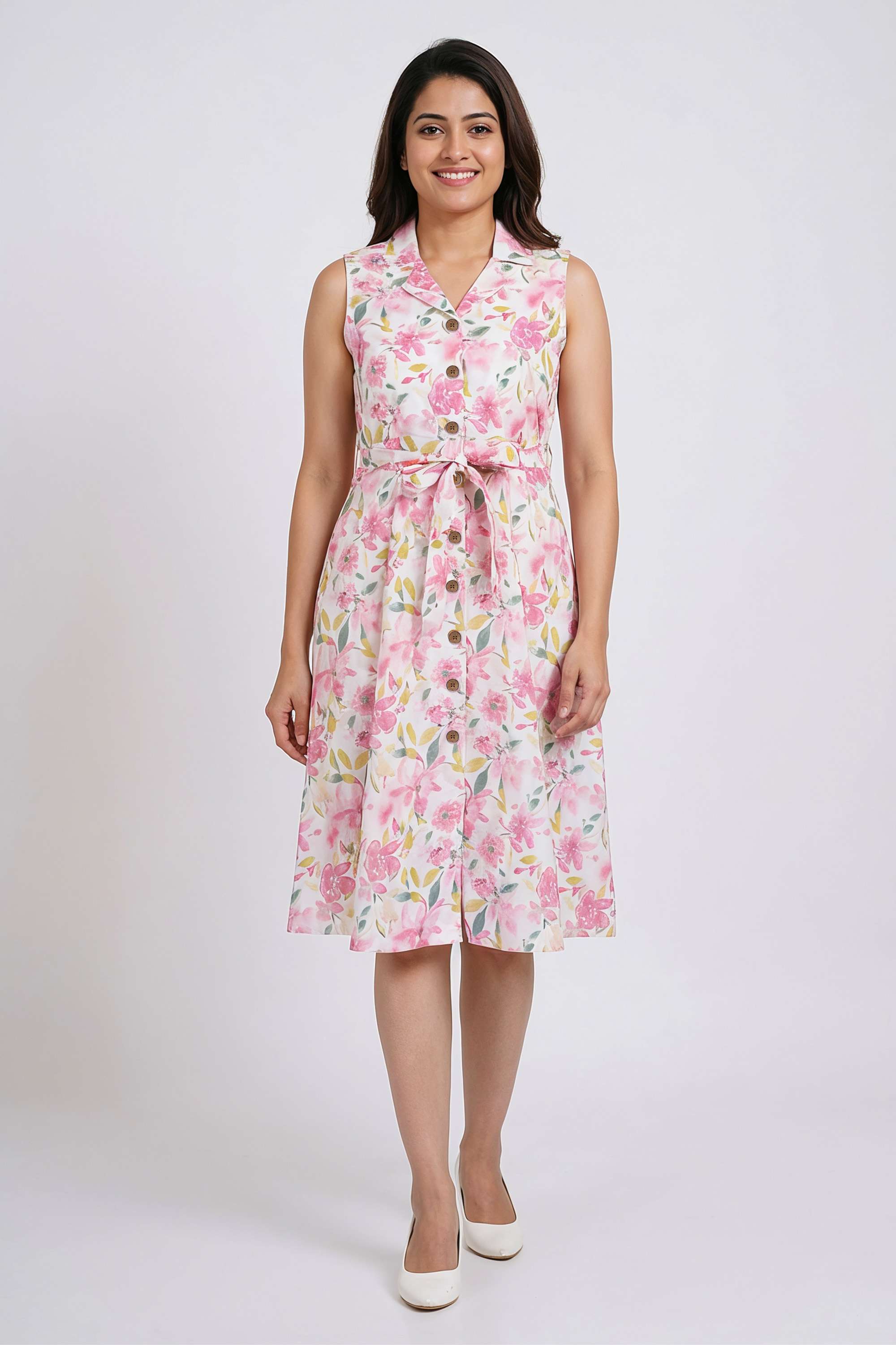 Printed-Collared-Blended-Fabric-Women-s-Dress