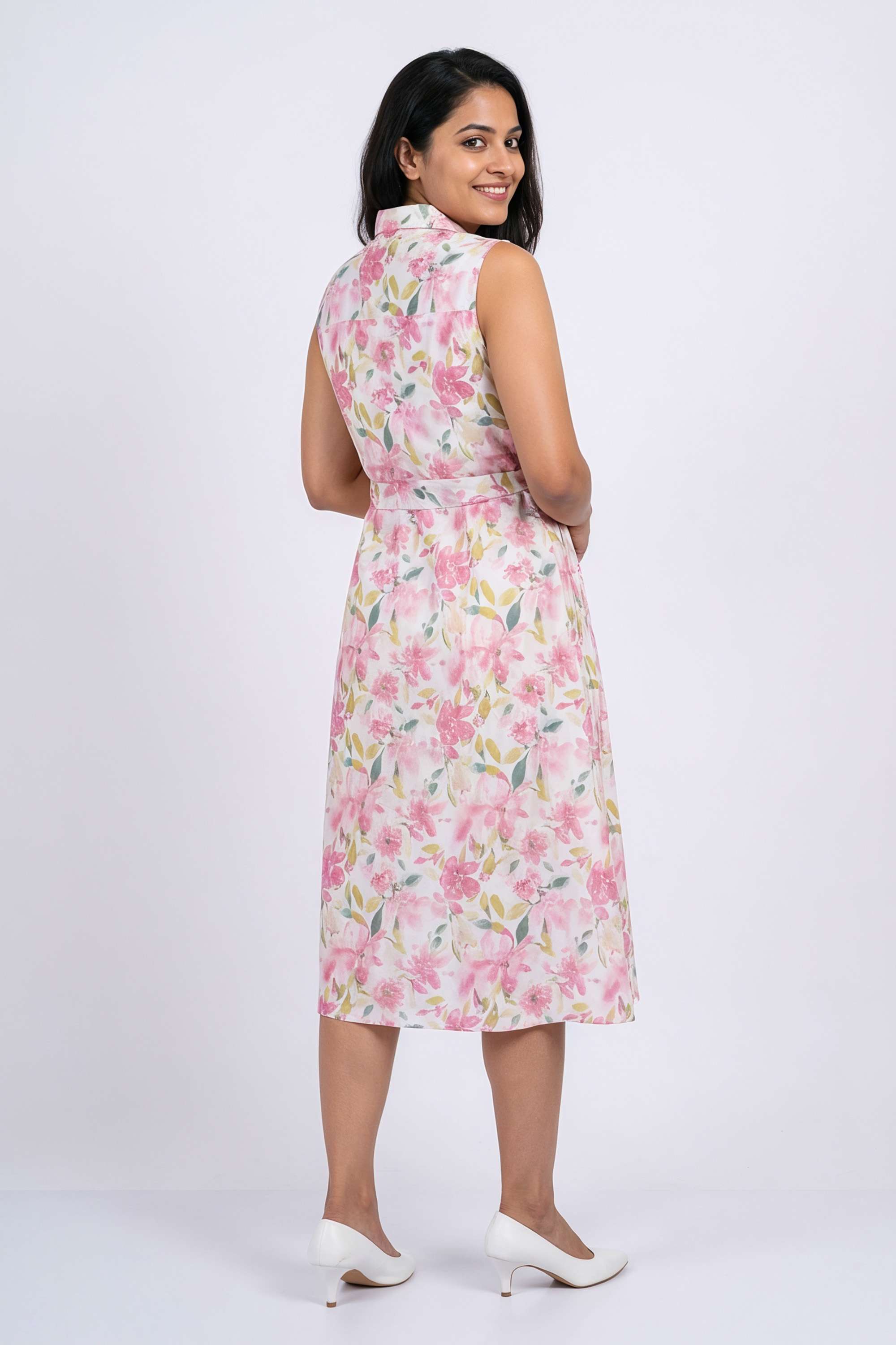 Printed-Collared-Blended-Fabric-Women-s-Dress