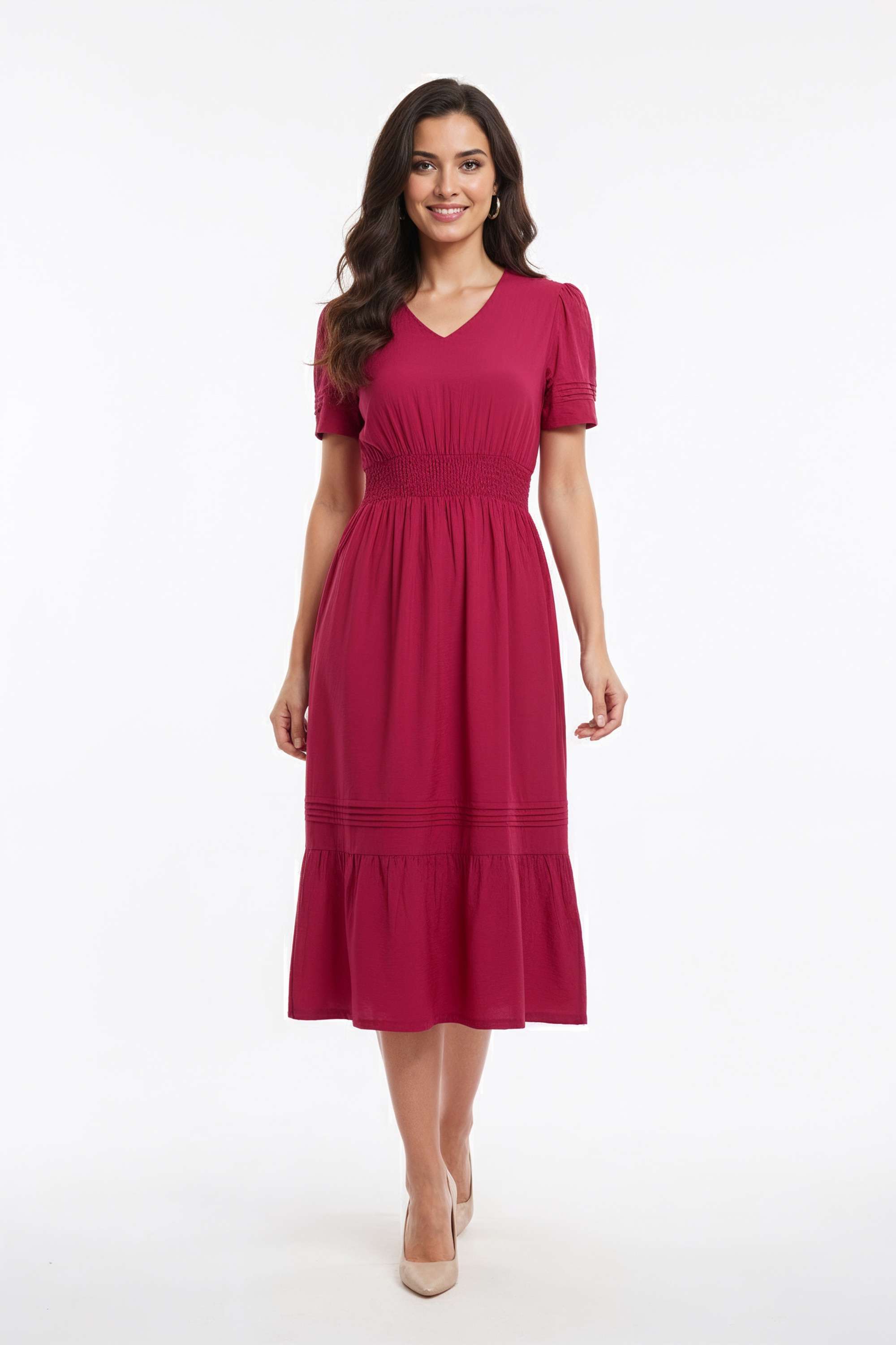 Solid-V-Neck-Blended-Fabric-Women-Dress