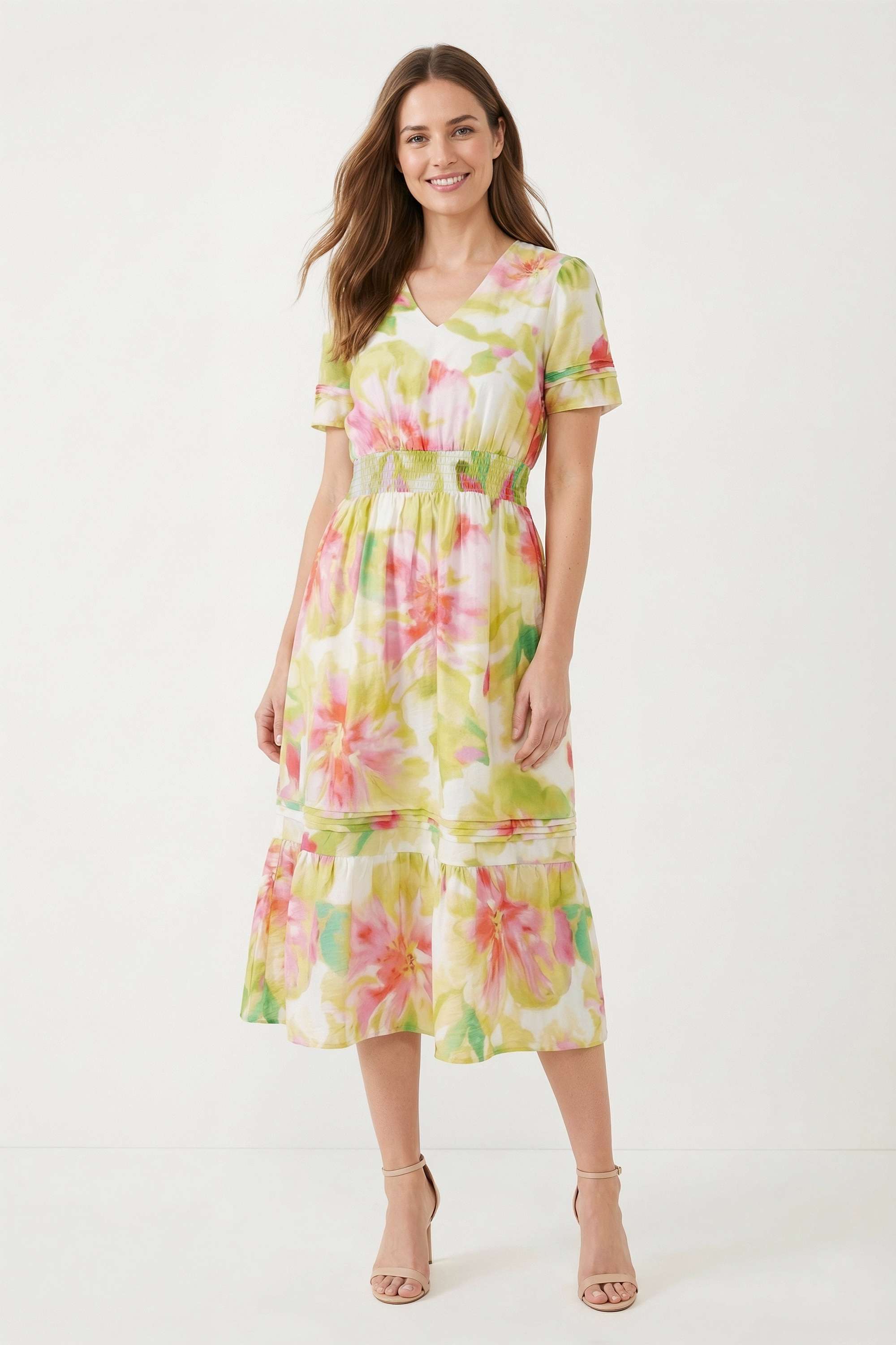 Solid-V-Neck-Blended-Fabric-Women-Dress