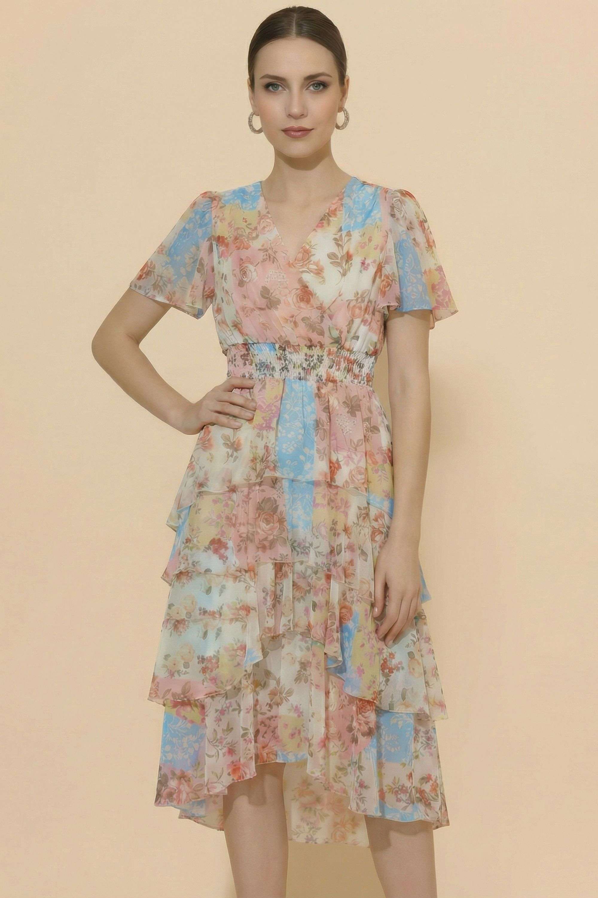 Floral-V-Neck-Blended-Fabric-Women-Dress