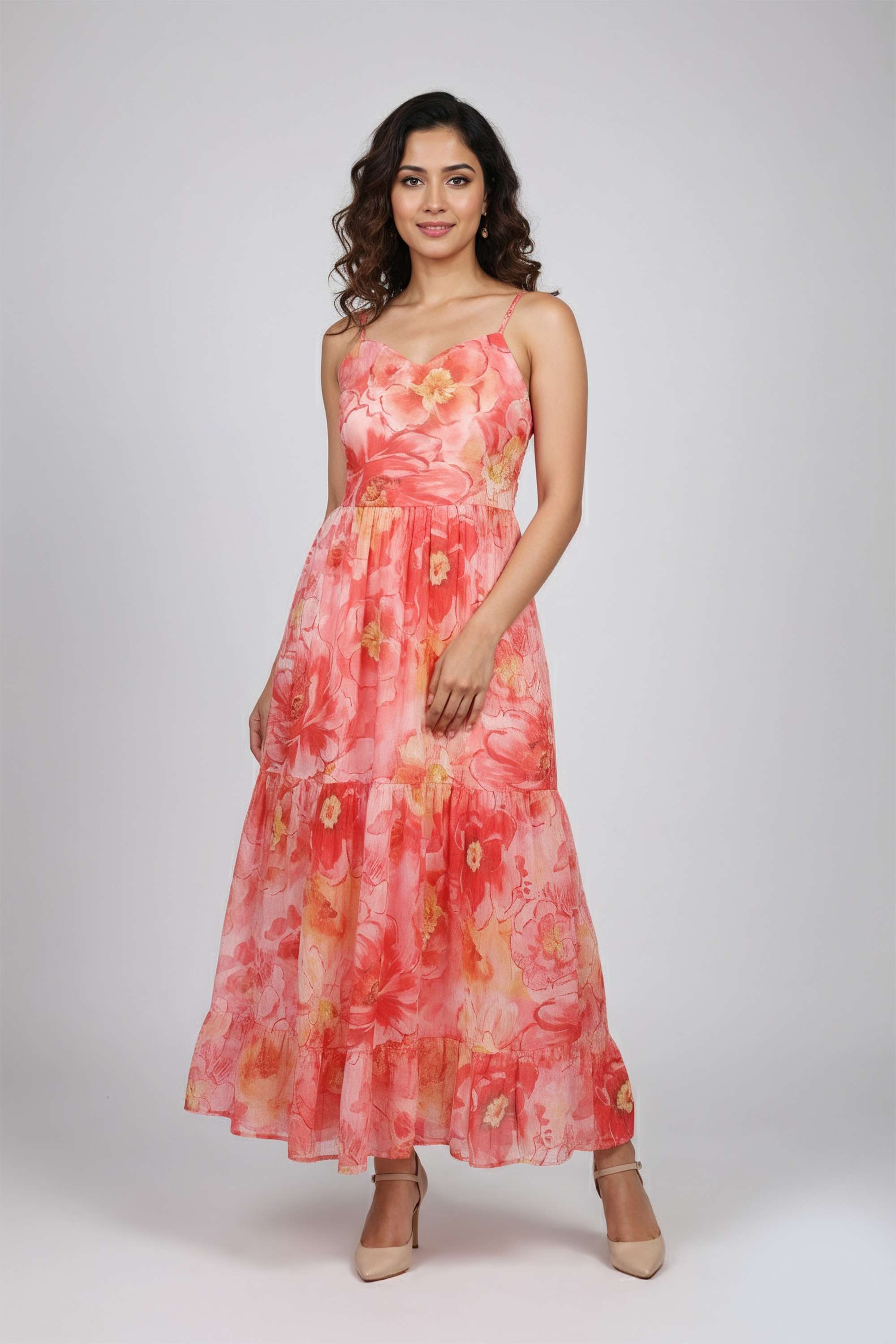 Printed-Sweetheart-Neck-Polyester-Women-Dress