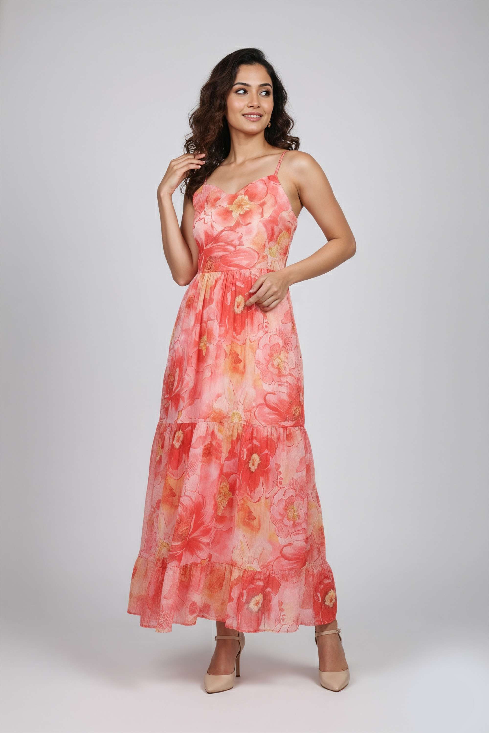 Printed-Sweetheart-Neck-Polyester-Women-Dress