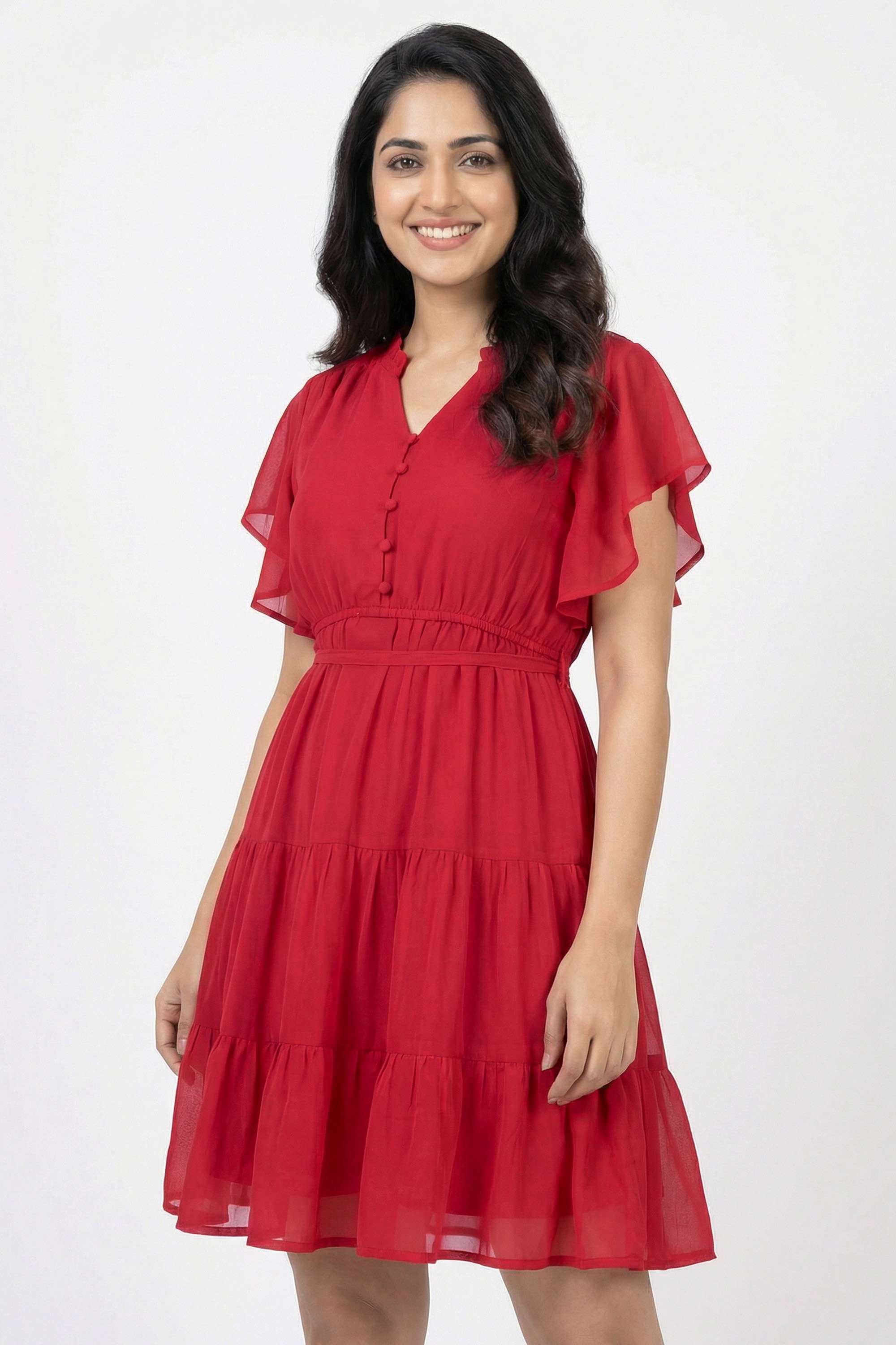 Solid-V-Neck-Georgette-Women-Dress
