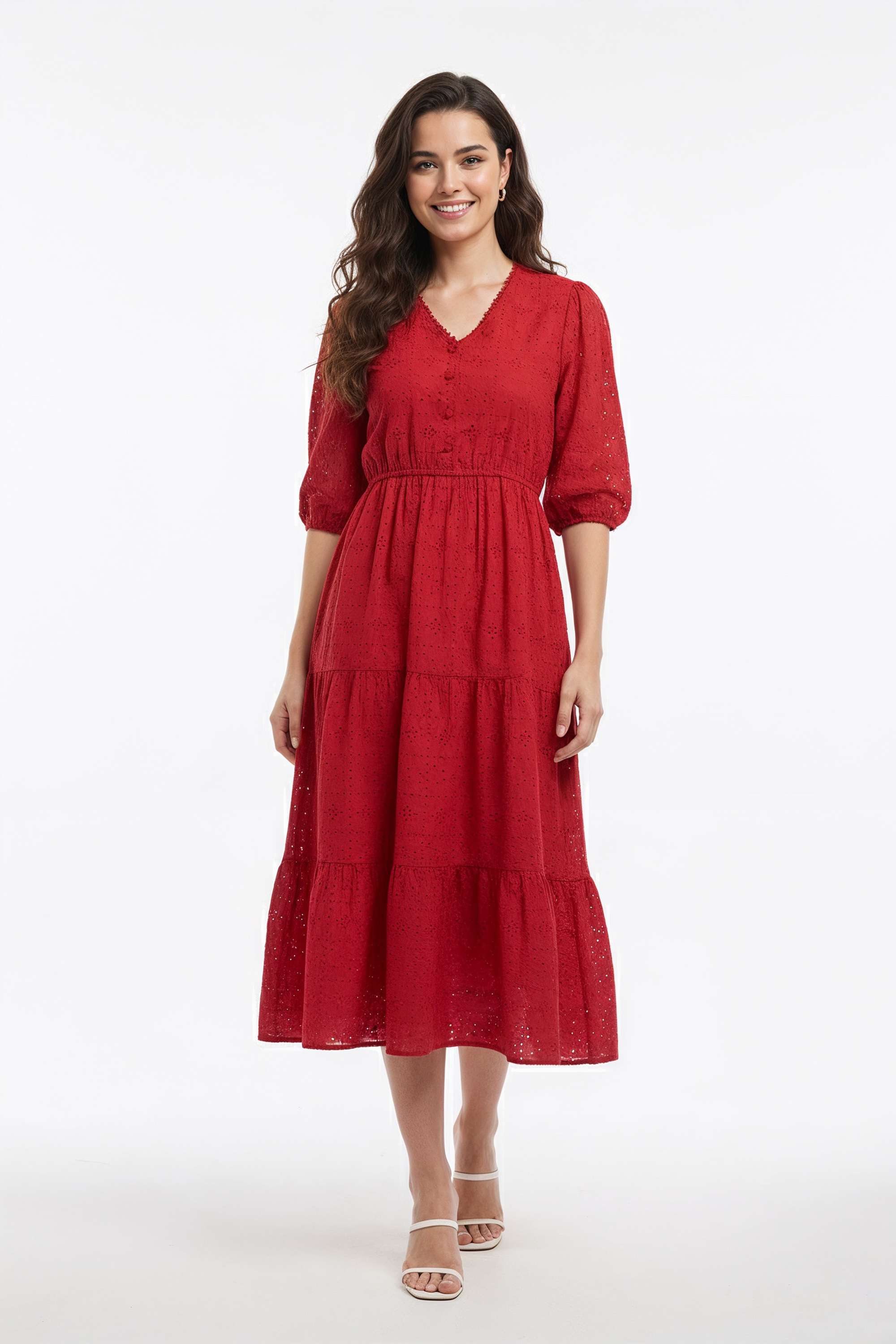 Solid-V-Neck-Blended-Fabric-Women-Dress