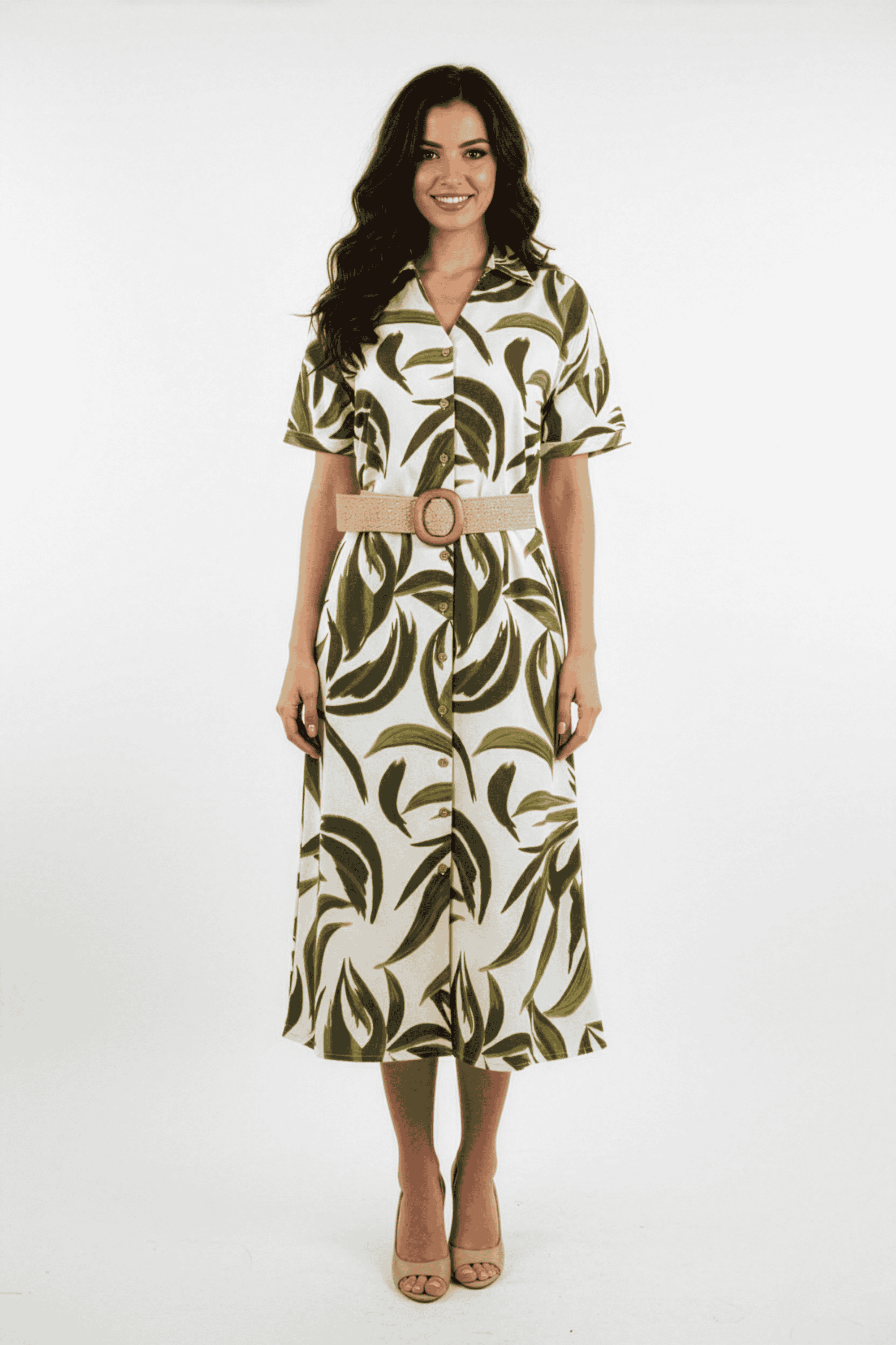 Solid-Collared-Blended-Fabric-Women-Dress