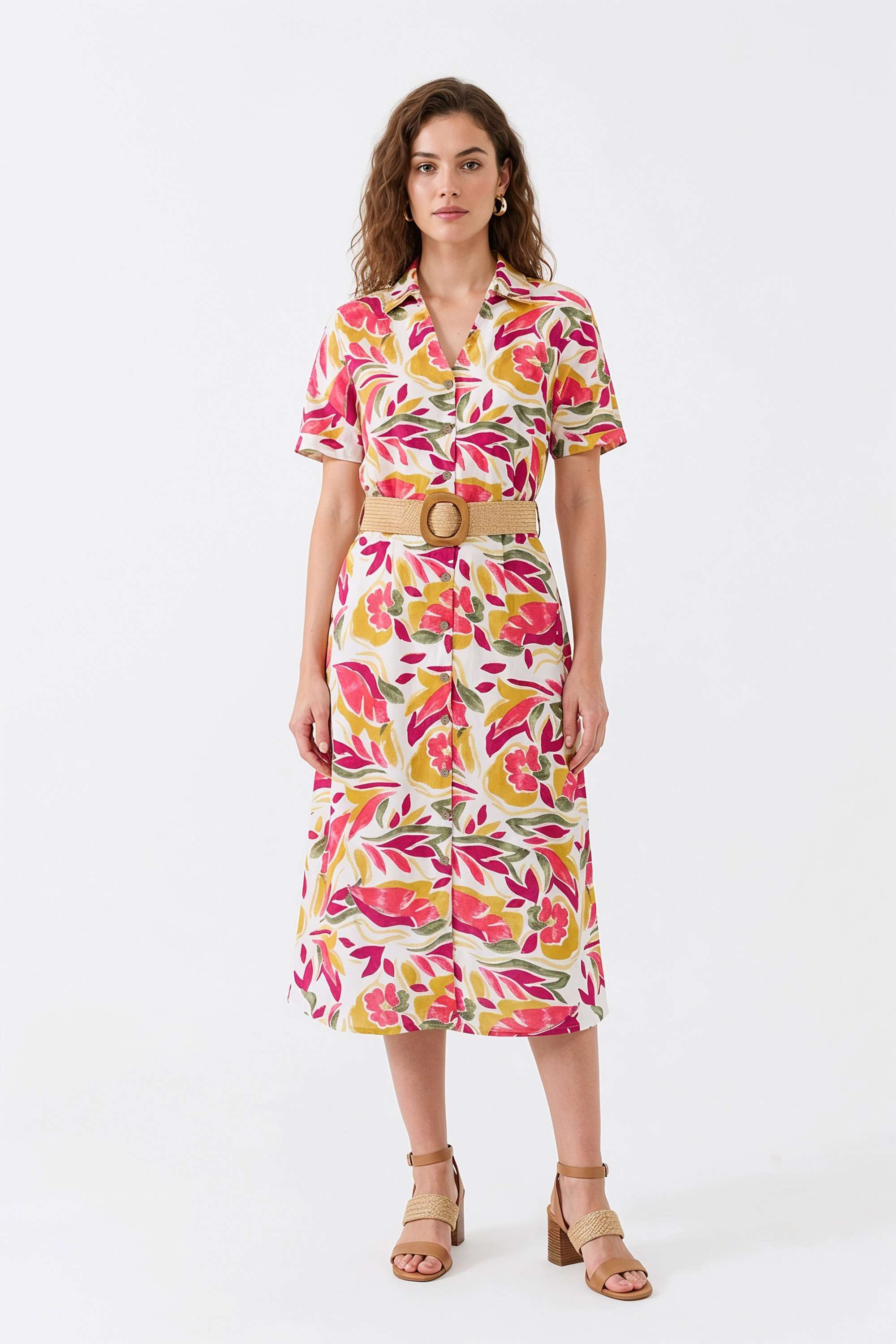Printed-Collared-Blended-Fabric-Women-s-Dress