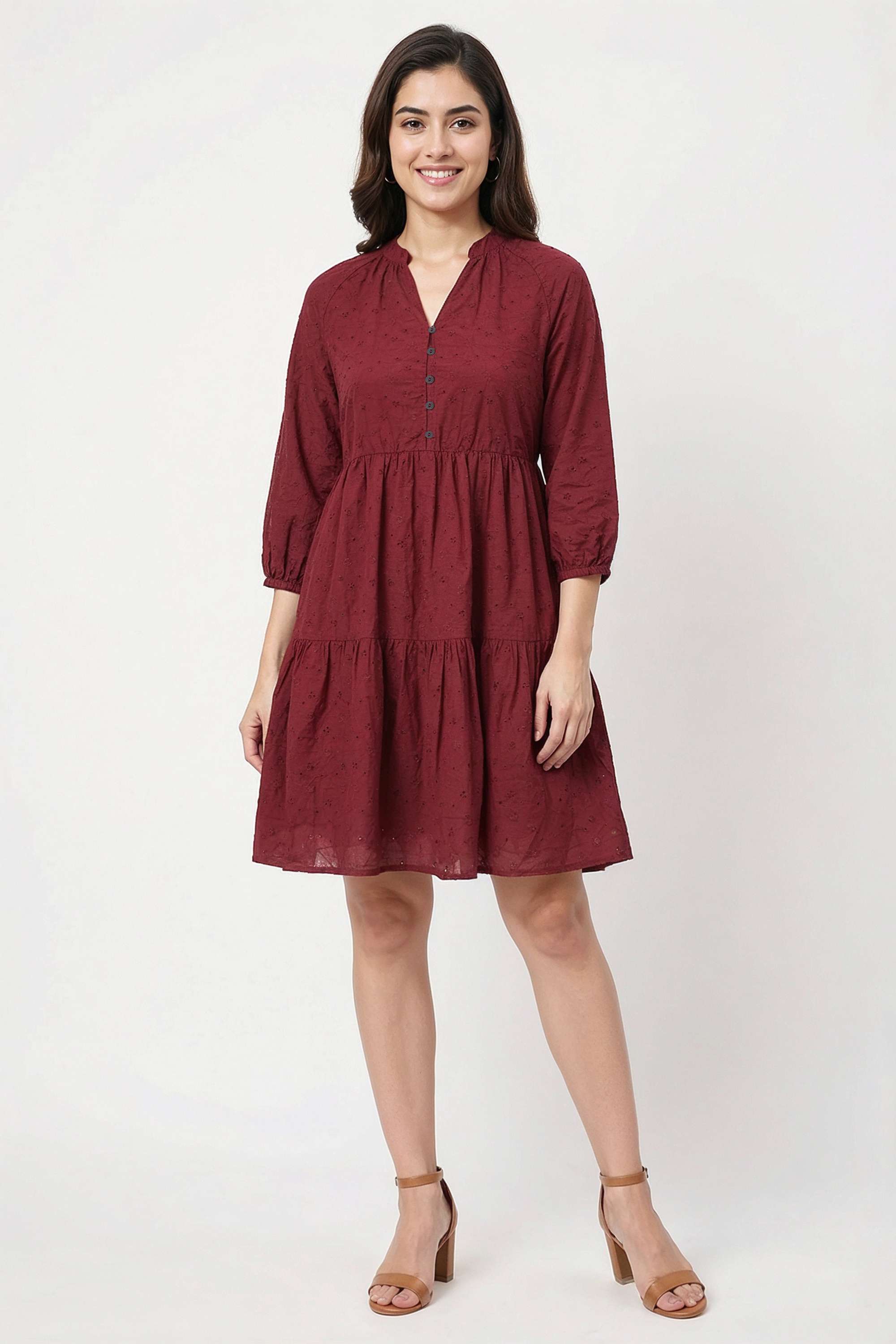 Schiffli-V-Neck-Cotton-Women-Dress