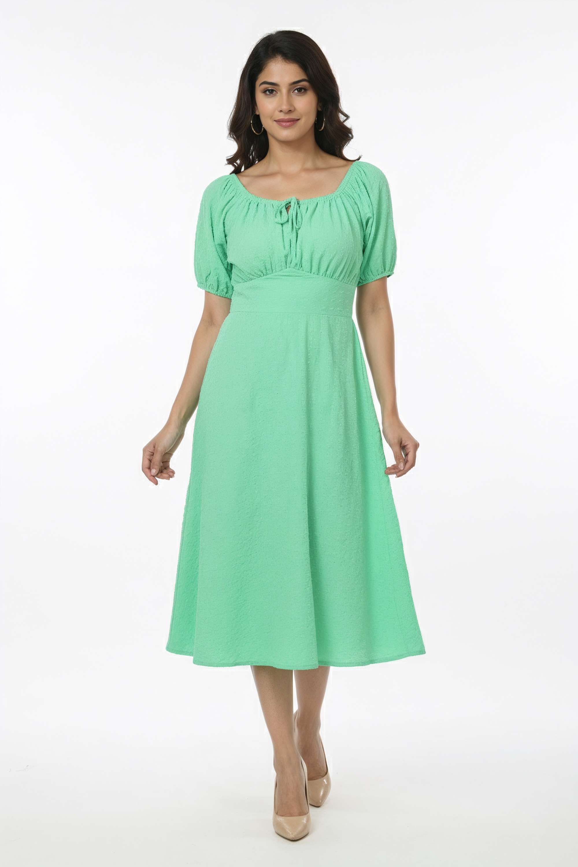 Textured-Square-Neck-Blended-Fabric-Women-Dress