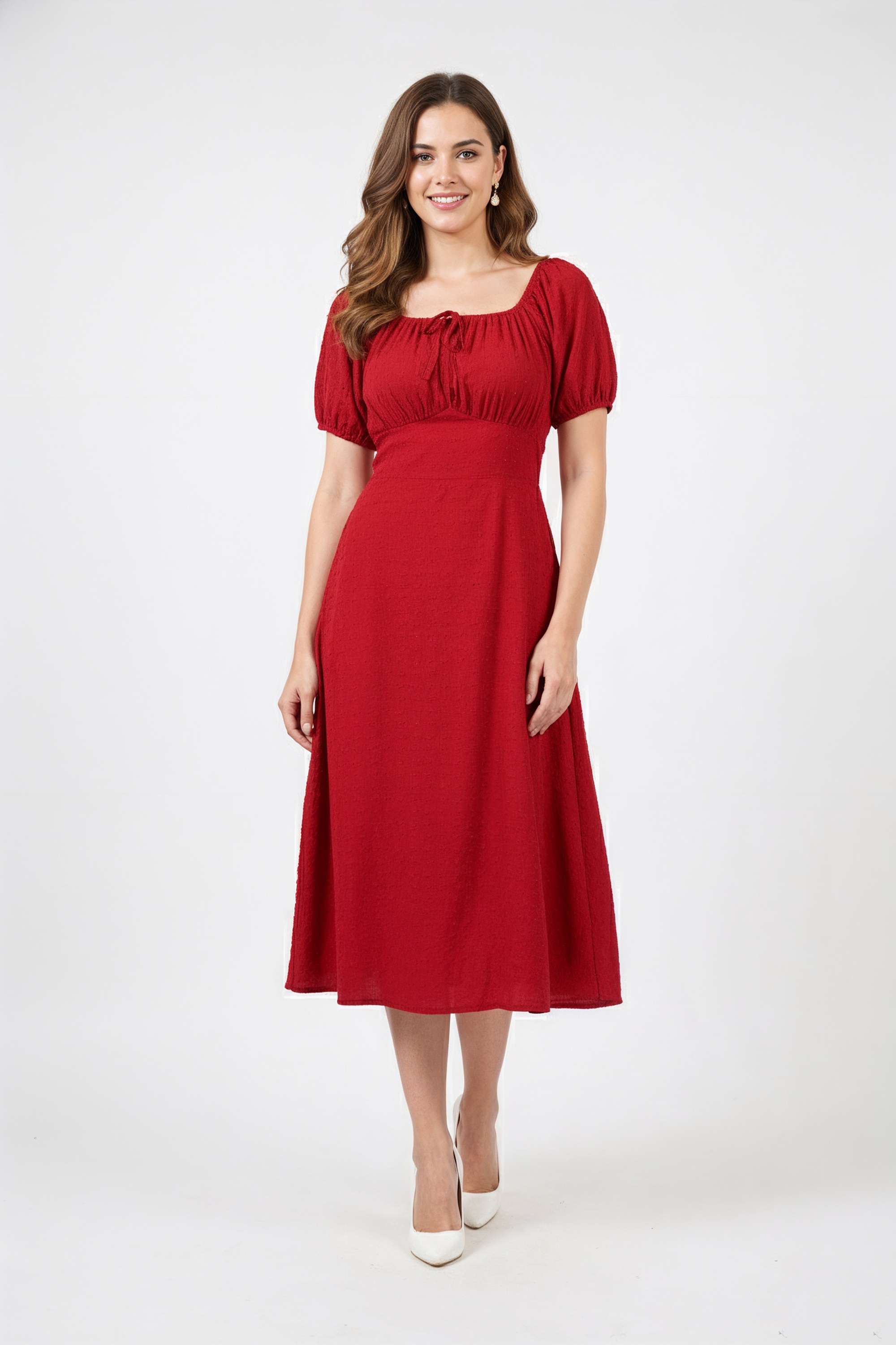 Solid-Square-Neck-Blended-Fabric-Women-Dress