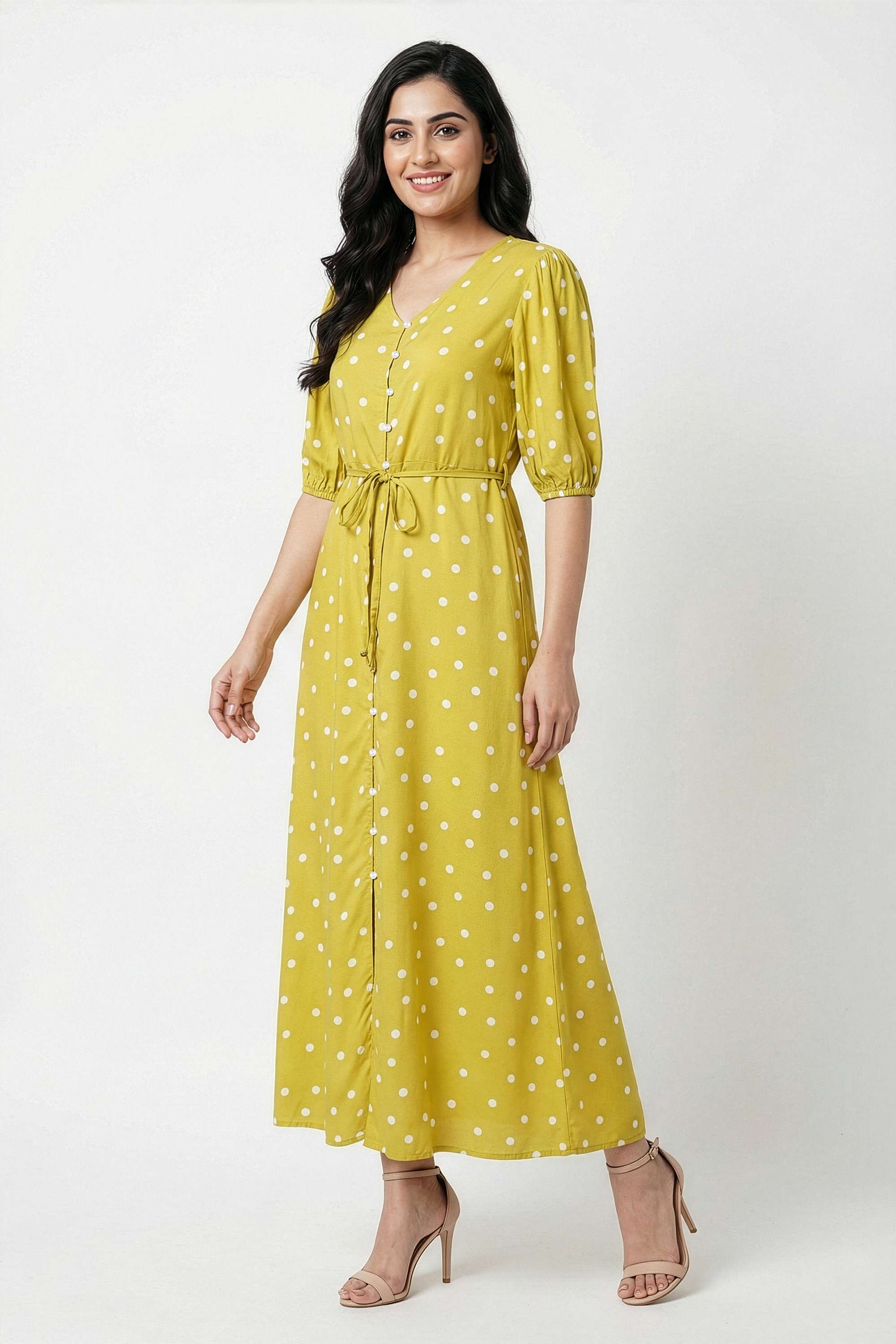 Polka-Dots-V-Neck-Blended-Fabric-Women-Dress