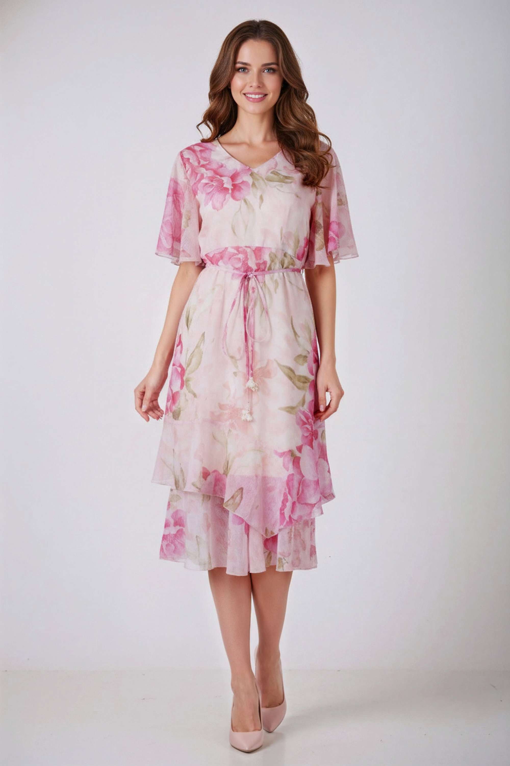 Floral-V-Neck-Polyester-Women-Dress