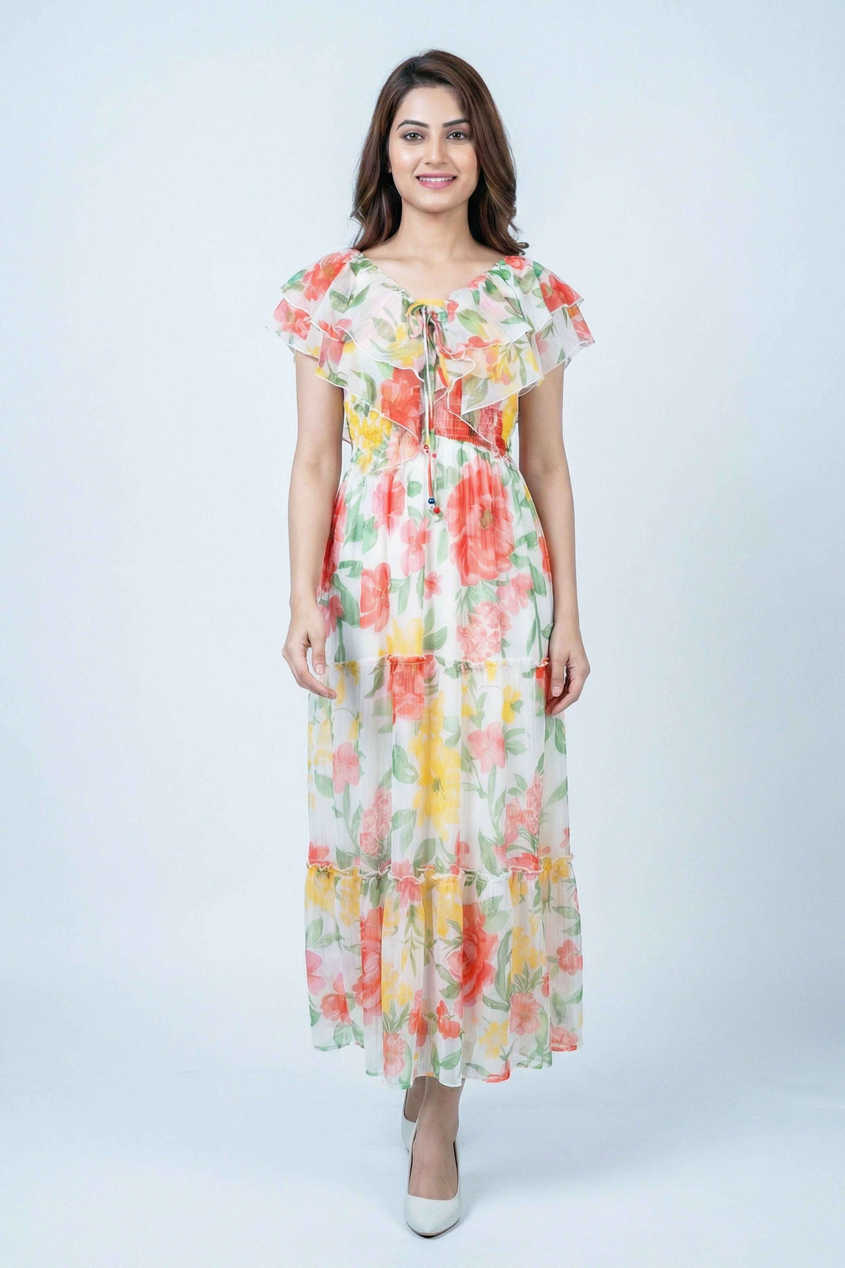 Floral-V-Neck-Chiffon-Women-Dress