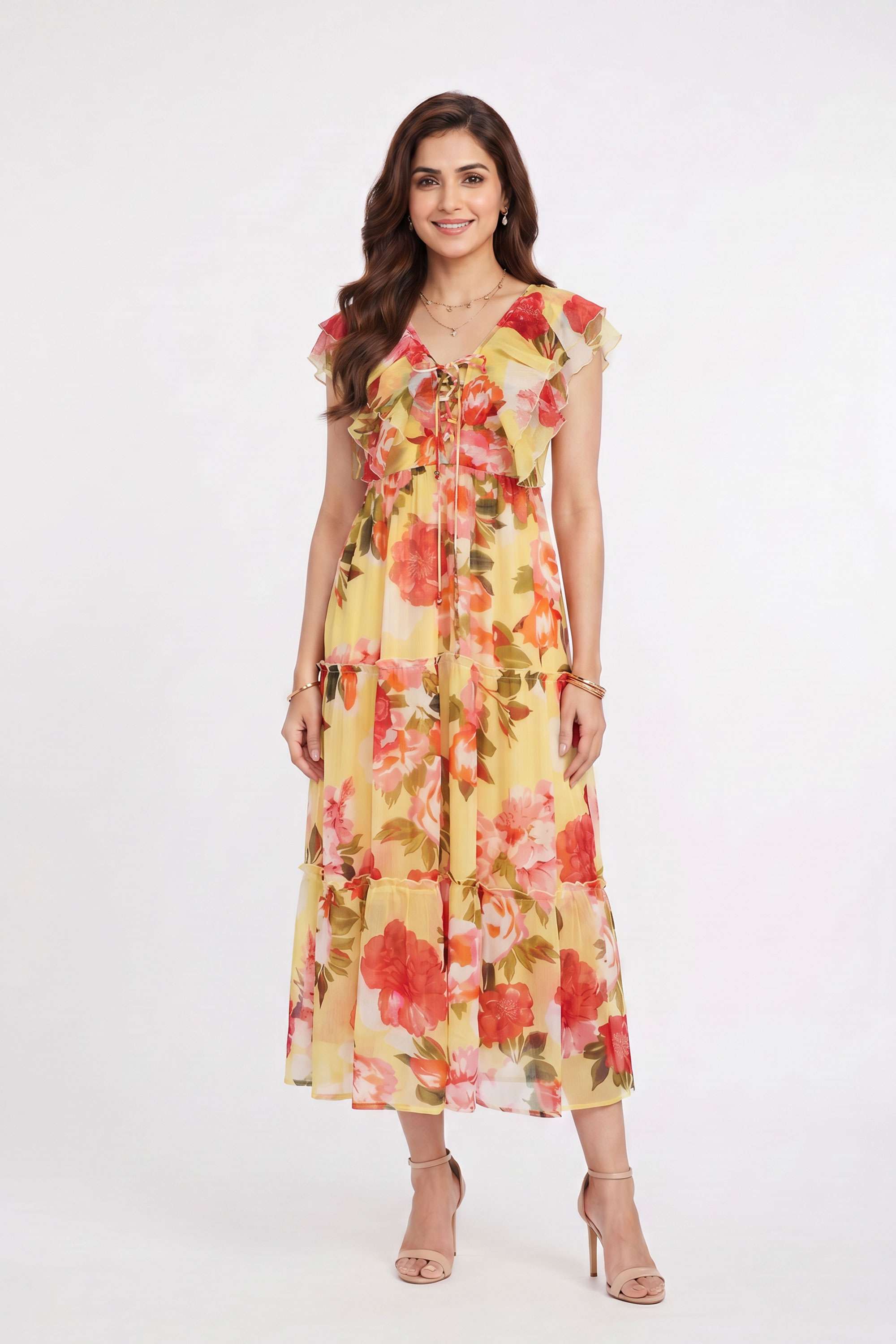 Printed-V-Neck-Polyester-Women-s-Dress