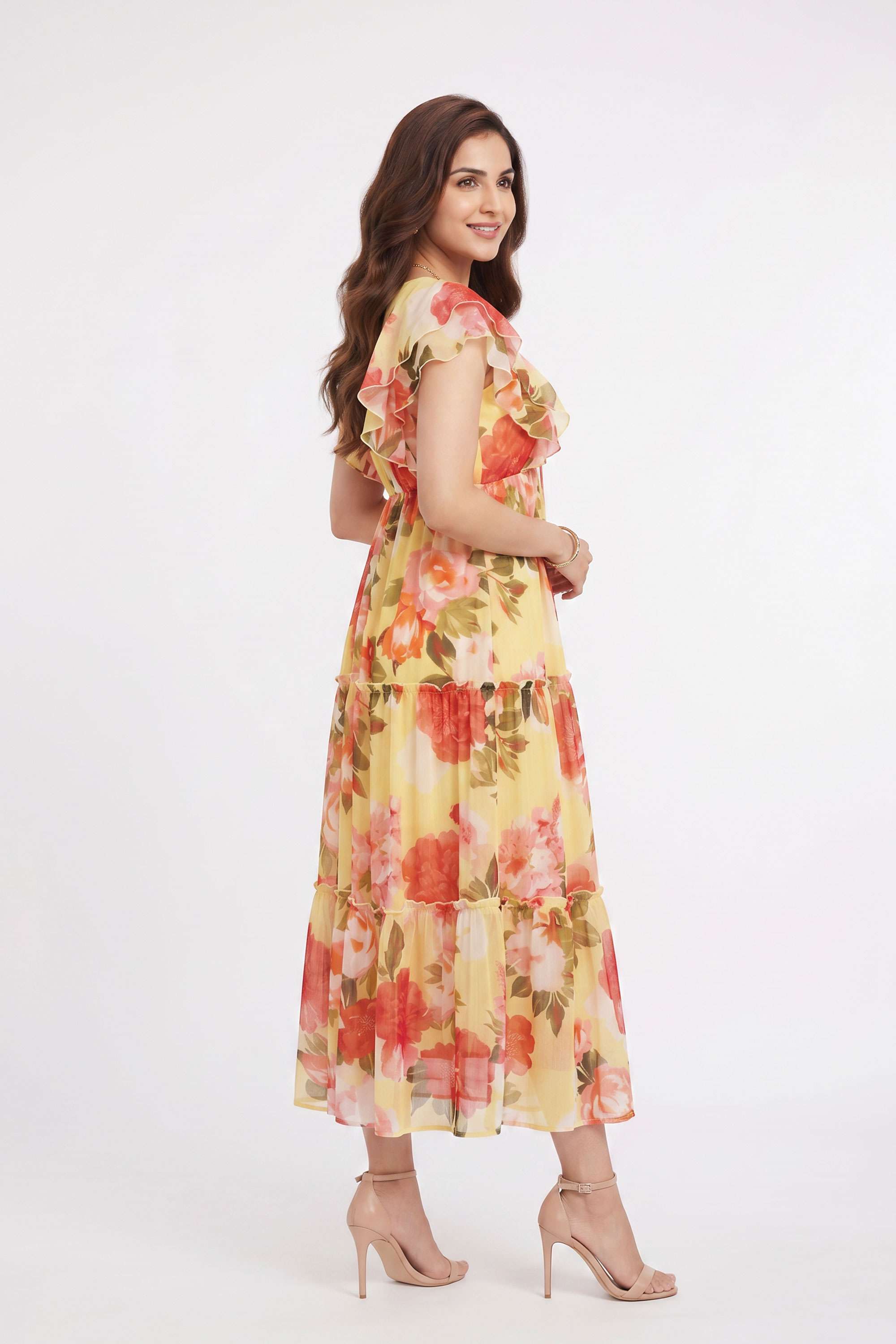 Printed-V-Neck-Polyester-Women-s-Dress