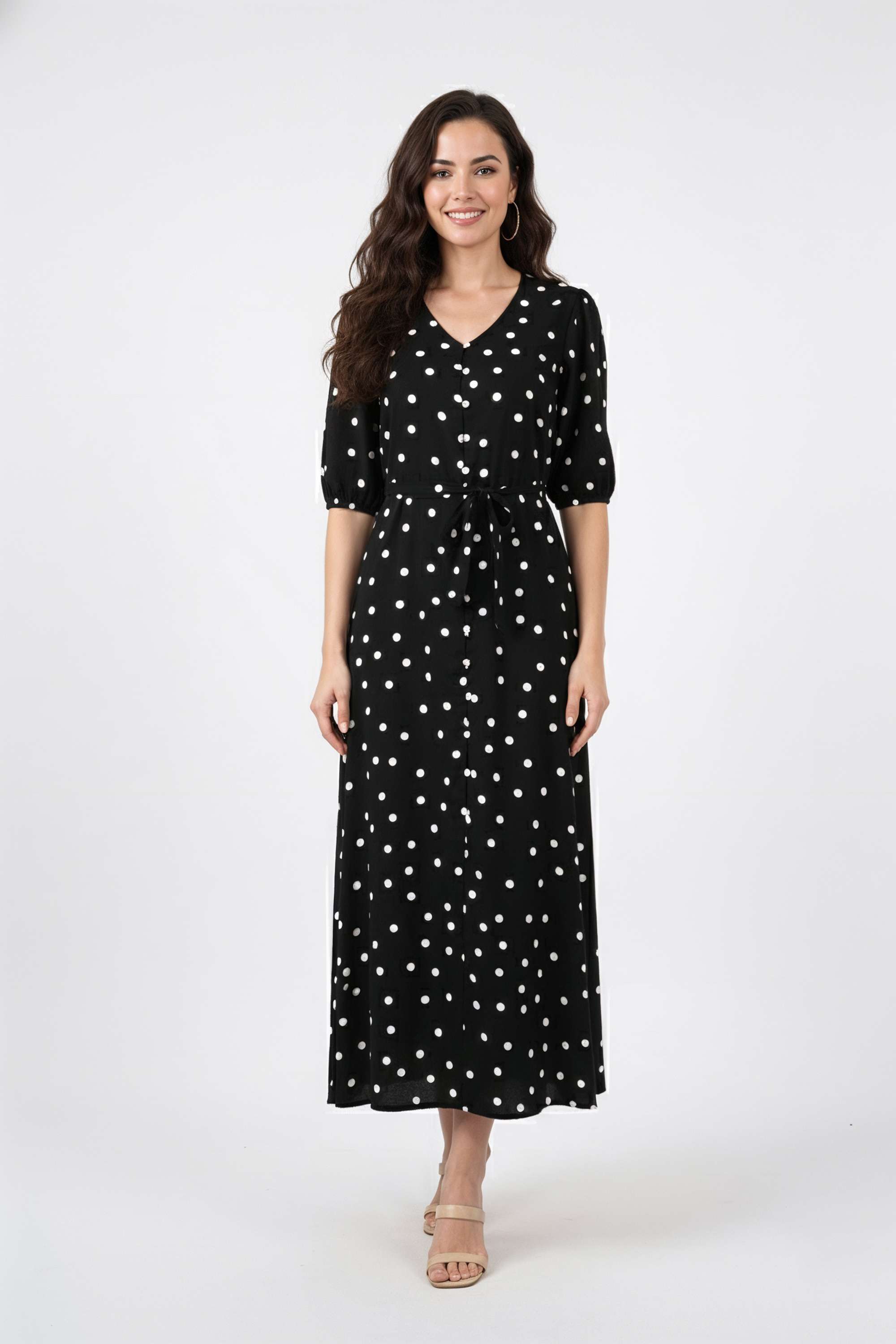 Polka-Dots-V-Neck-Viscose-Women-Dress