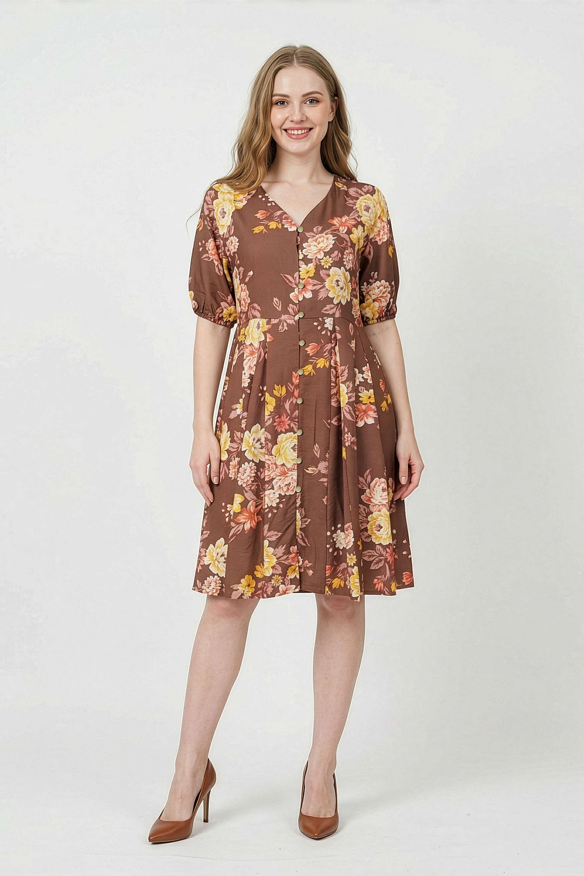 Floral-V-Neck-Blended-Fabric-Women-Dress