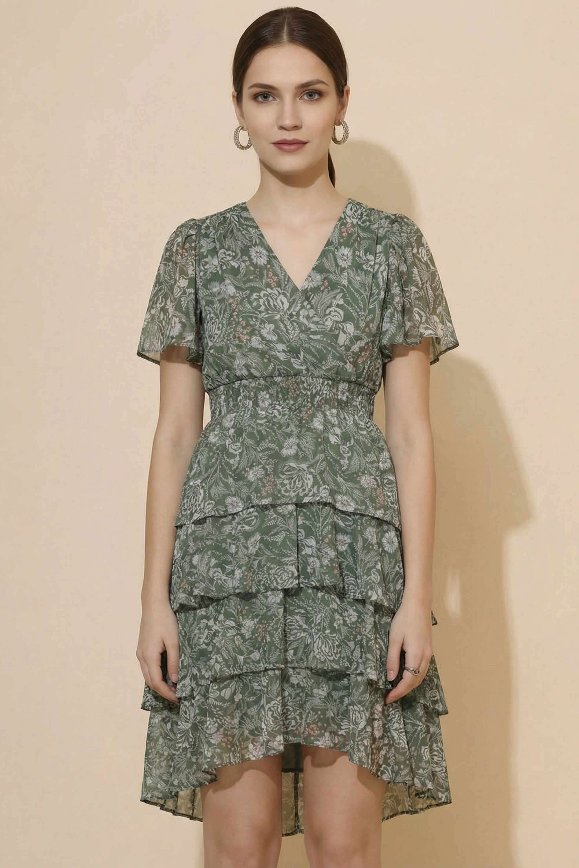 Floral-V-Neck-Blended-Fabric-Women-Dress