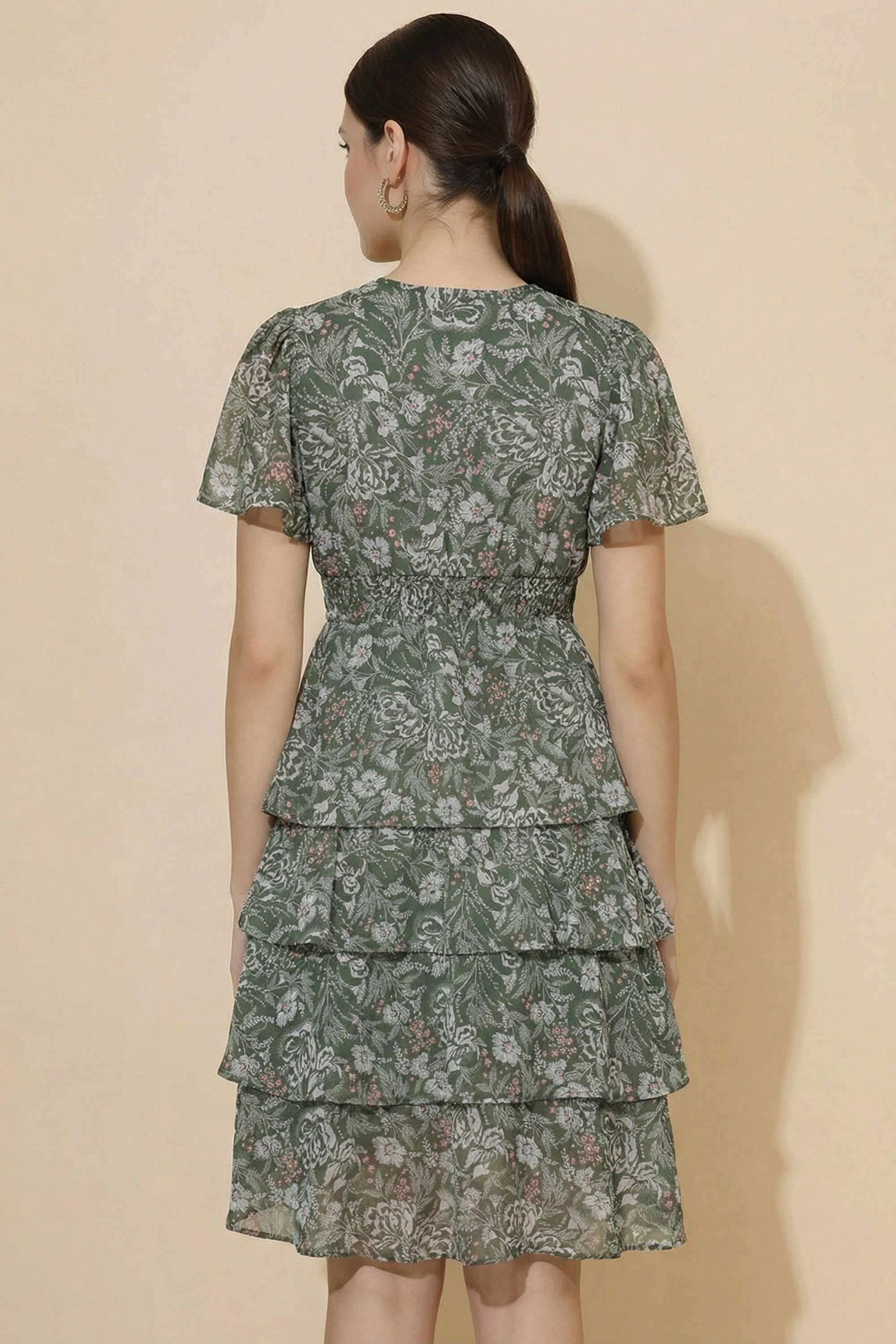 Floral-V-Neck-Blended-Fabric-Women-Dress