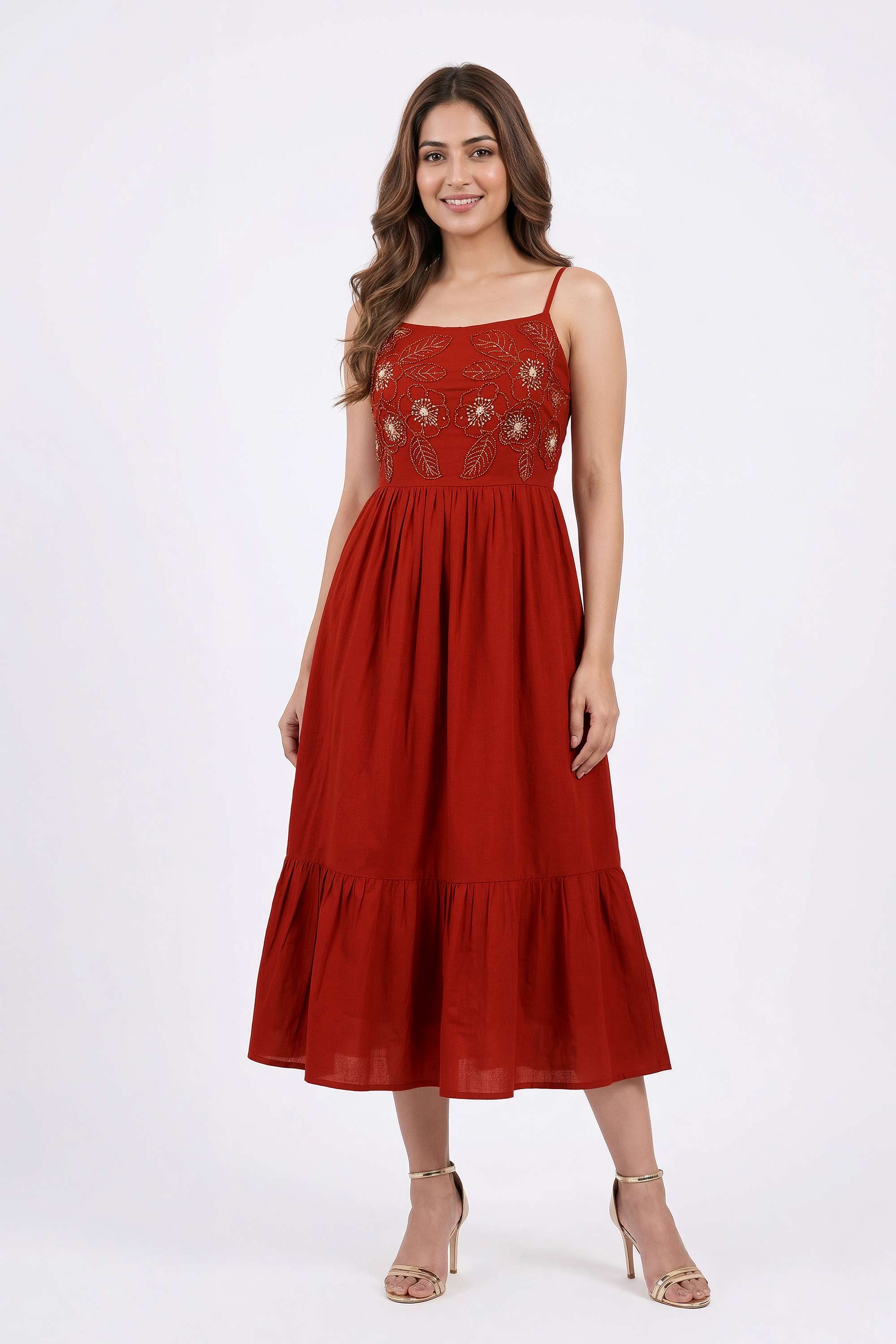 Embroidered-Blended-Fabric-V-Neck-Women-s-Casual-Wear-Dress