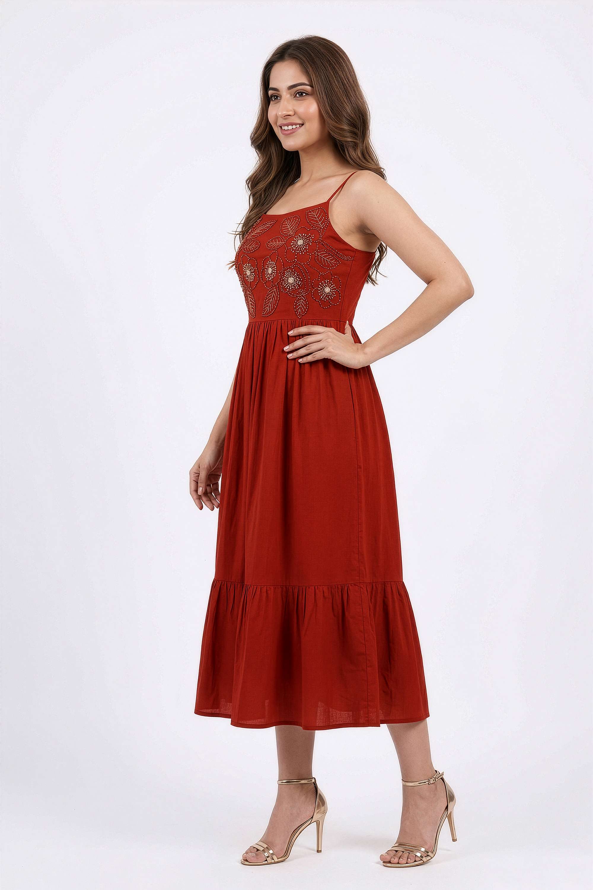 Embroidered-Blended-Fabric-V-Neck-Women-s-Casual-Wear-Dress