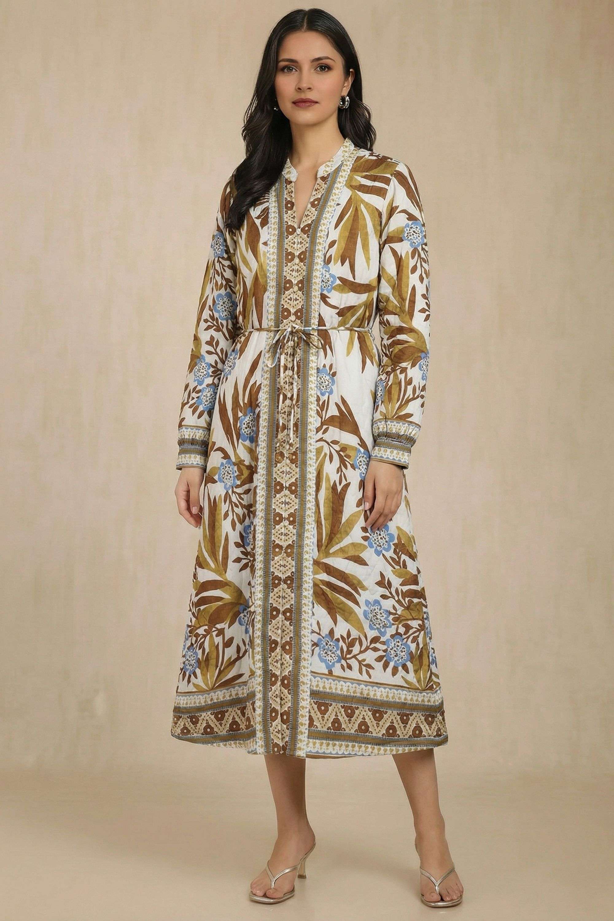 Printed-Henley-Blended-Fabric-Women-Dress